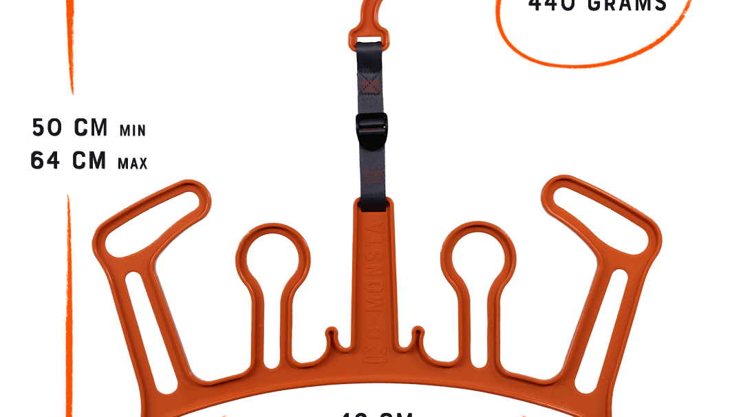 C-MONSTA Essentials | Wetsuit Hanger V2 dimensions and weight specifications in orange color, perfect for drying wetsuits.