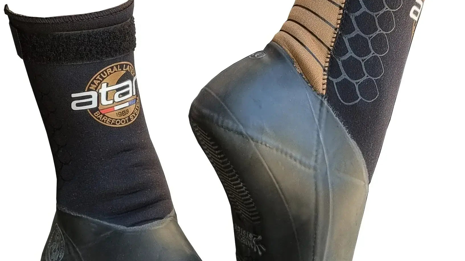 ATAN Boots Review | 3mm vs 6mm | Open Toe vs Split Toe - close-up of ATAN watersports boots featuring neoprene and rubber.