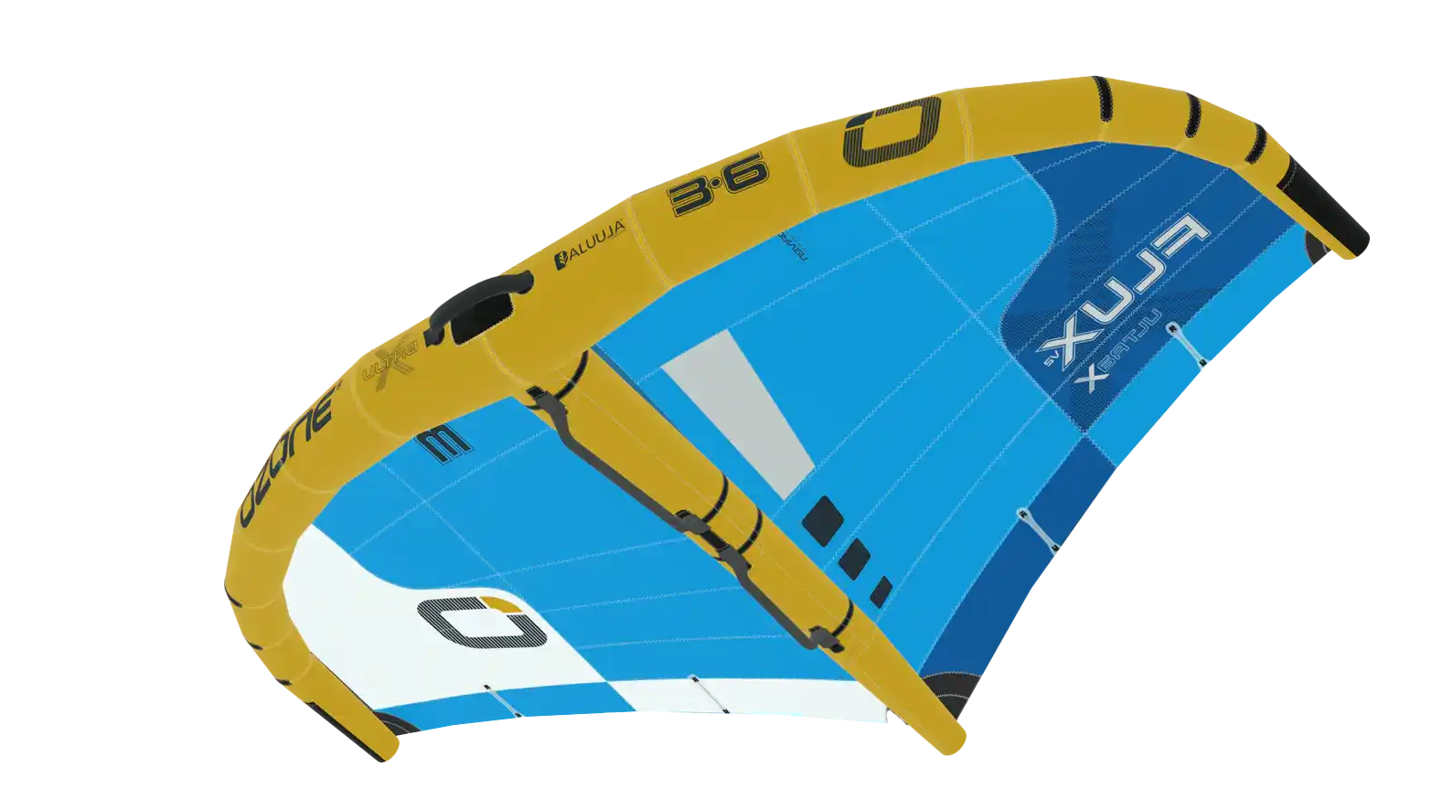 Best Ozone Wings 2026: Fly, Flow, Flux V2, Fusion Ultra-X - image of Flux V2 wing in blue and yellow.