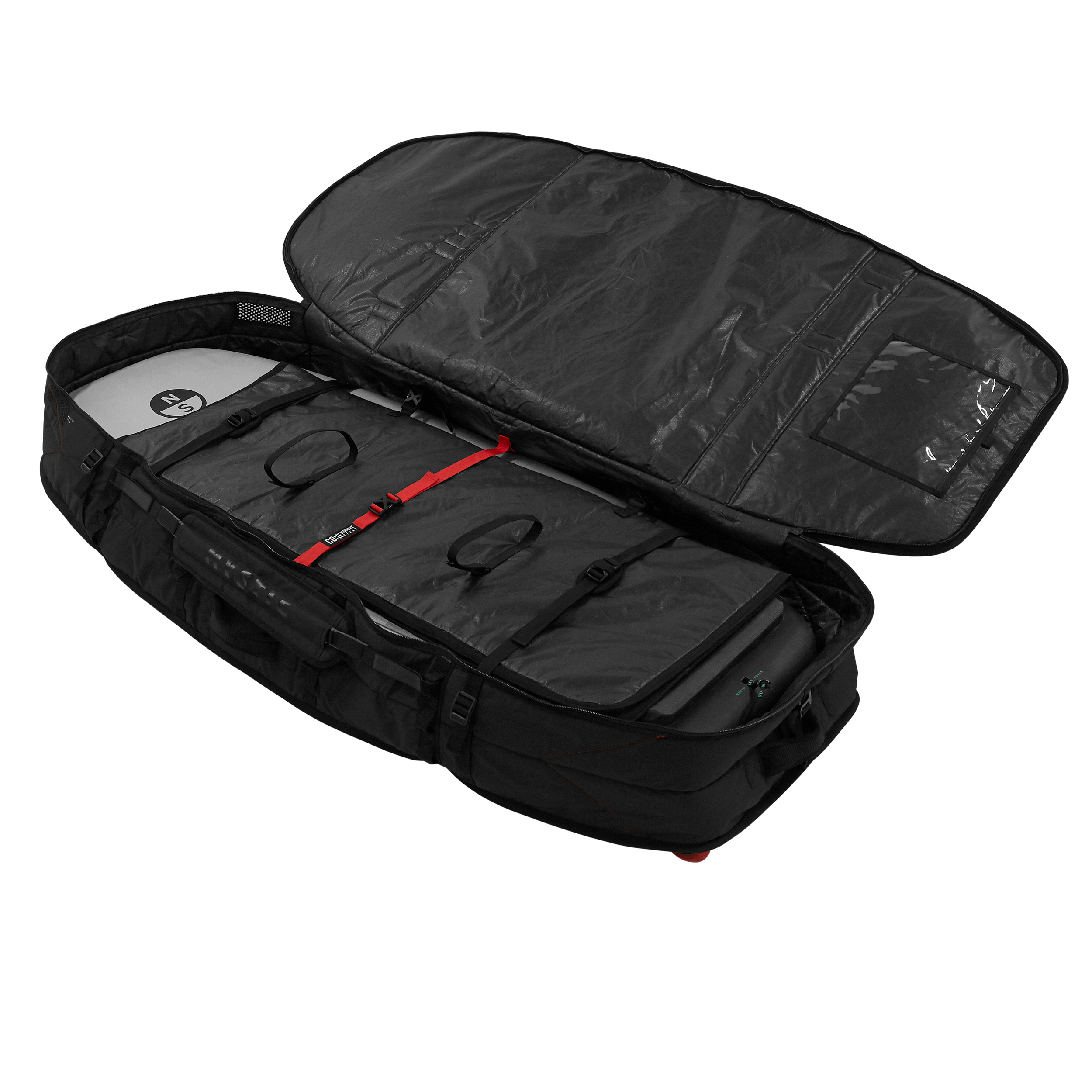 Mystic SAGA Wingfoil Travel Bag – XL Wheels open and showing organizational compartments for gear.
