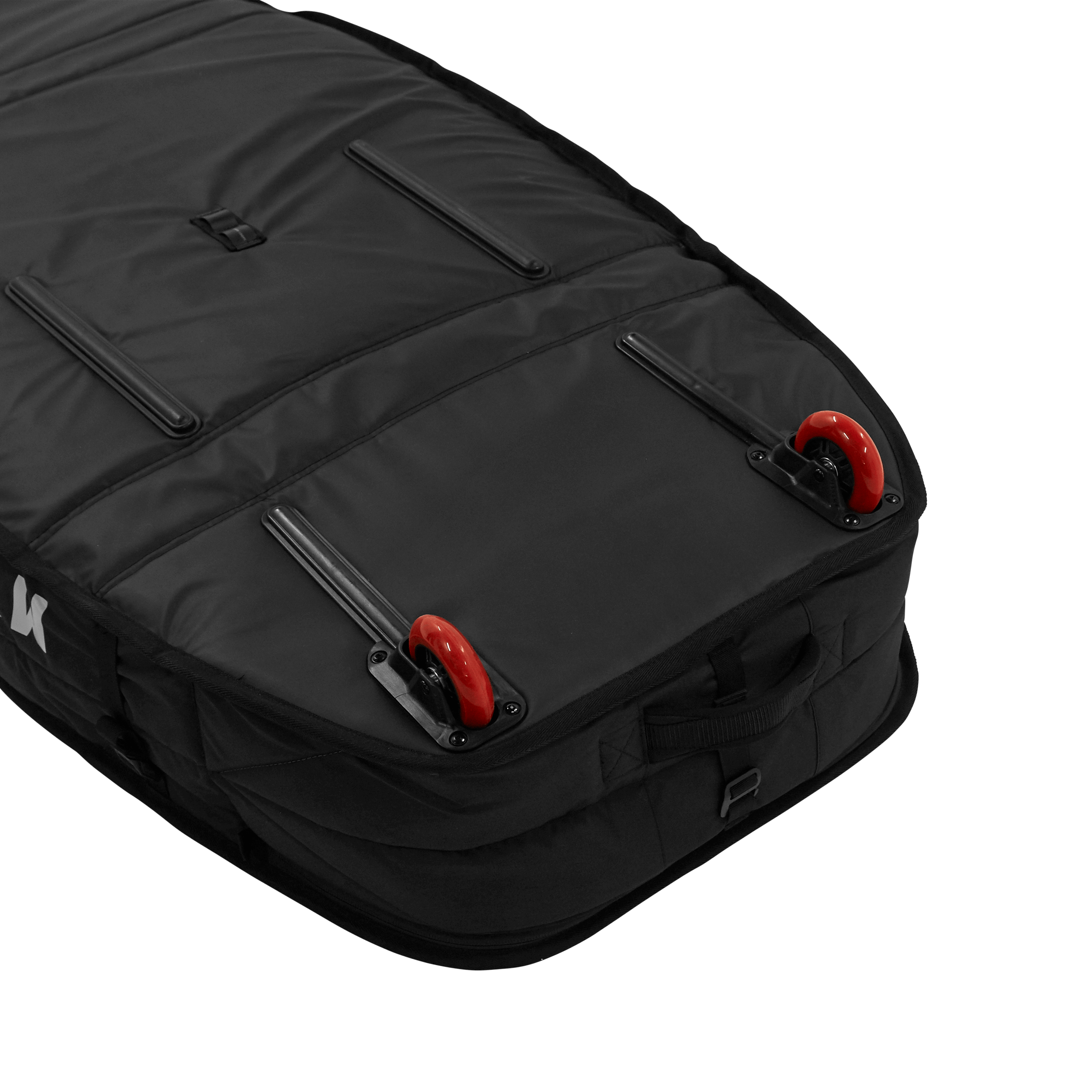 Mystic SAGA Wingfoil Travel Bag – XL Wheels top view, showcasing sleek design and mobility features.