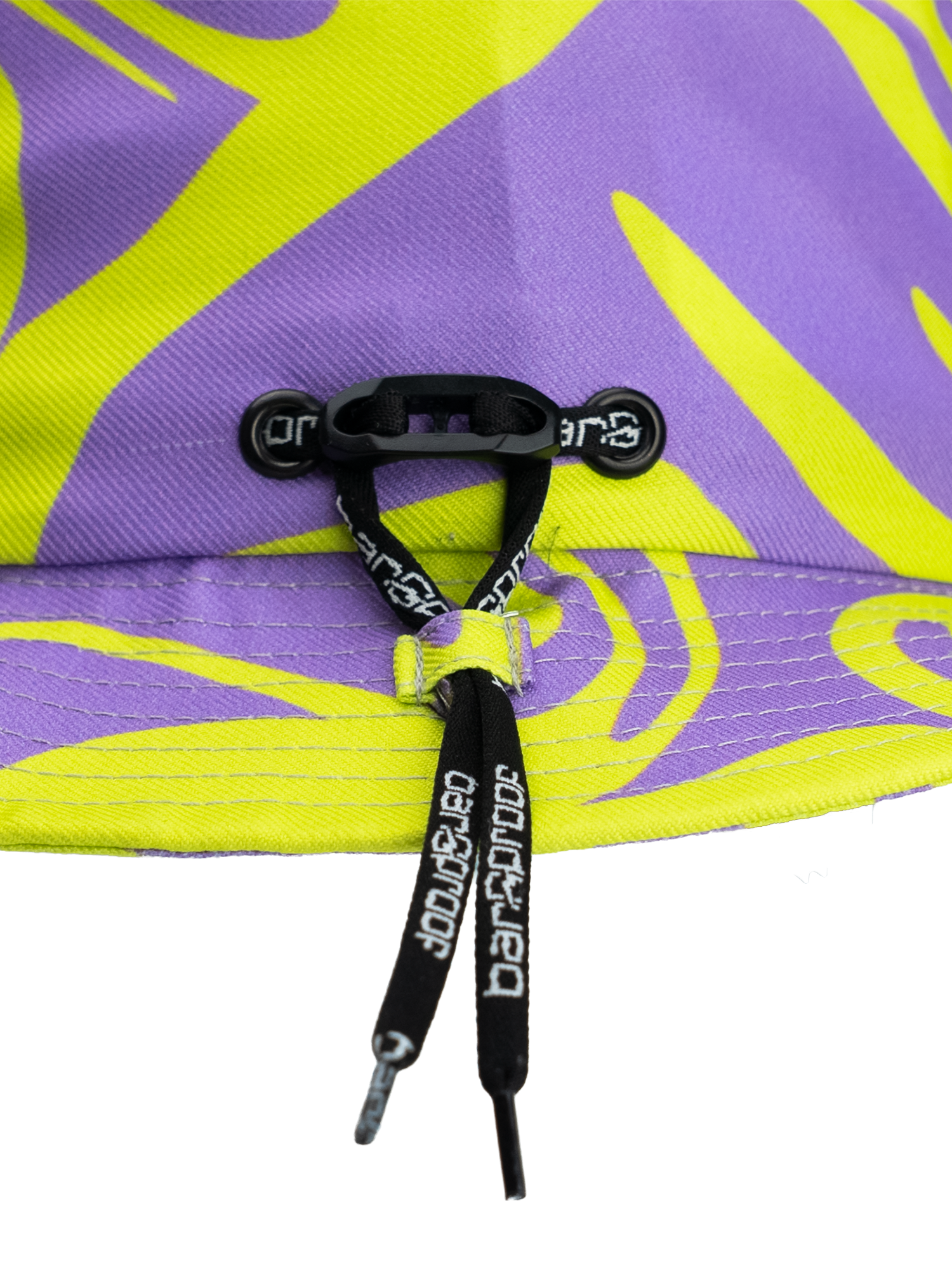 Detail view of adjustable fit system on Bangproof Helmet V2 with vibrant purple and yellow design.