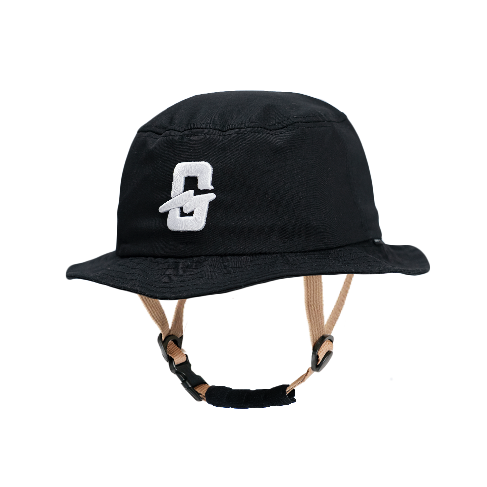 Black bucket hat with gray logo, designed for outdoor activities and casual wear.