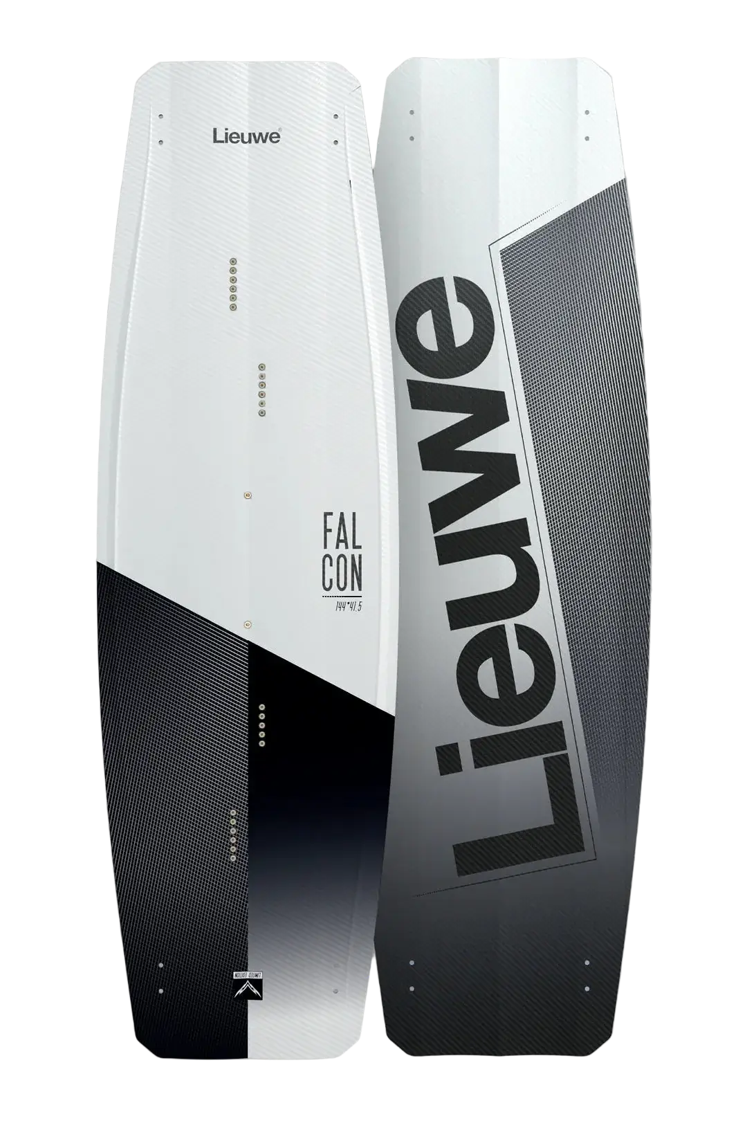 A black and yellow Falcon Lieuwe kiteboard with the brand name visible on it.