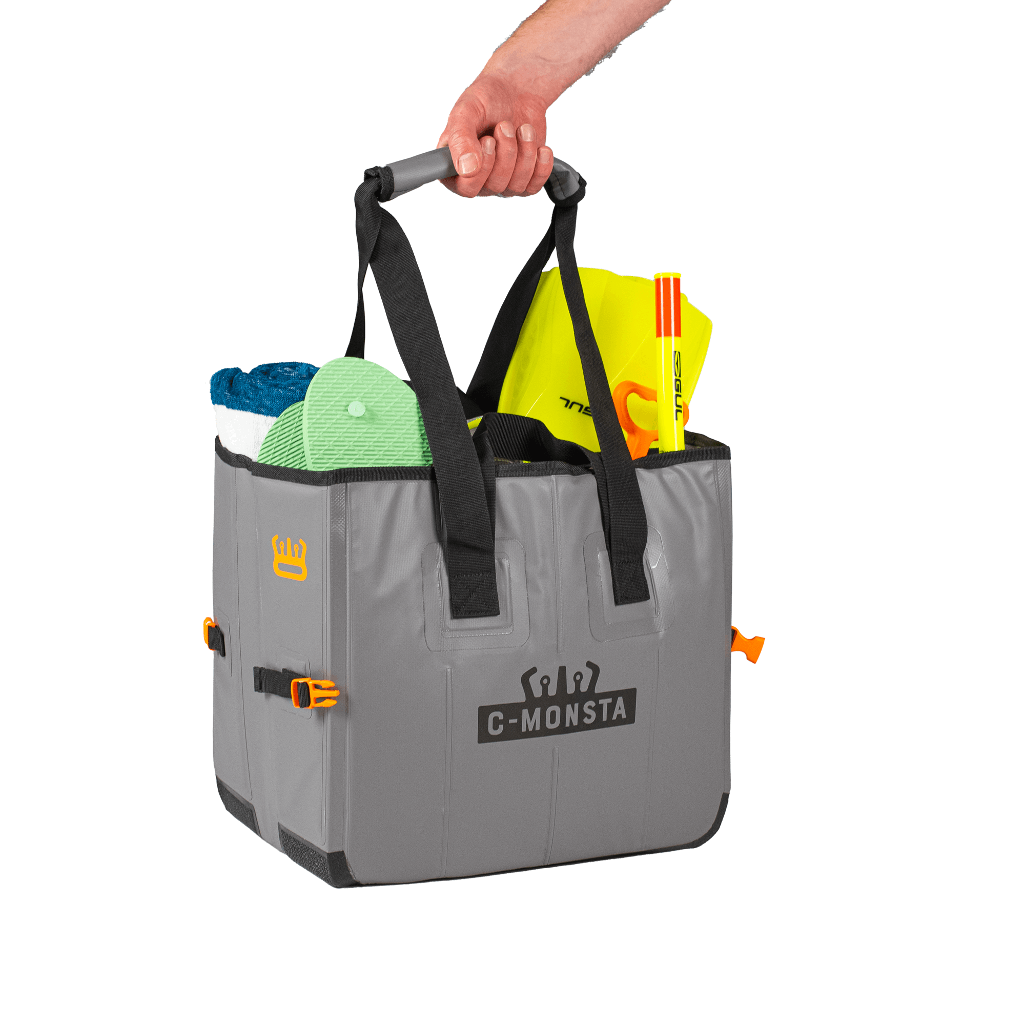 C-Monsta Mini Split Bag | Compact Wet & Dry Gear Bag in use, holding towels and water toys.
