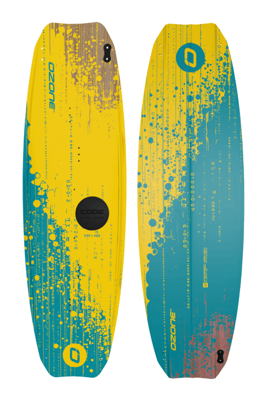 Ozone Code V5 Kiteboard – Freeride Performance Twintip front and back view with vibrant colors and modern design.