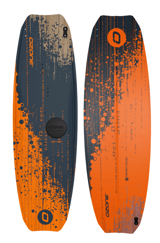 Ozone Code V5 Kiteboard – Freeride Performance Twintip featuring vibrant orange and blue design.