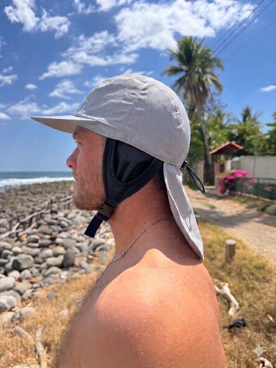 Solite Convertible MAX Watersports Hat in grey, three-quarter view showing the 5-panel design and rear neck flap.