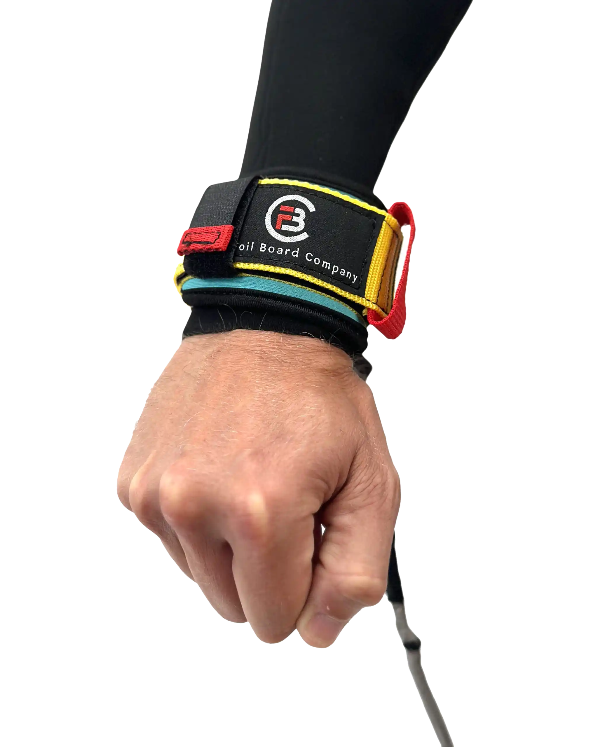 FBC Wingfoil Wrist Leash on a wrist, showcasing the durable design for water sports enthusiasts.
