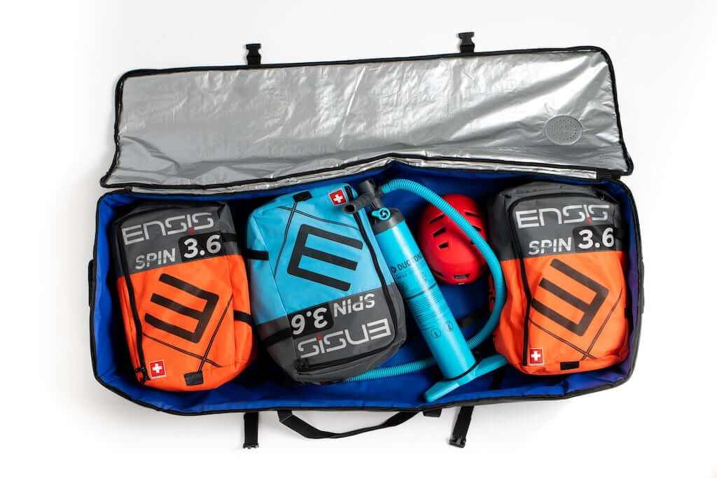 Waterproof Wing Foiling Gear Bag showcasing organized wing foils and accessories inside for convenient travel.