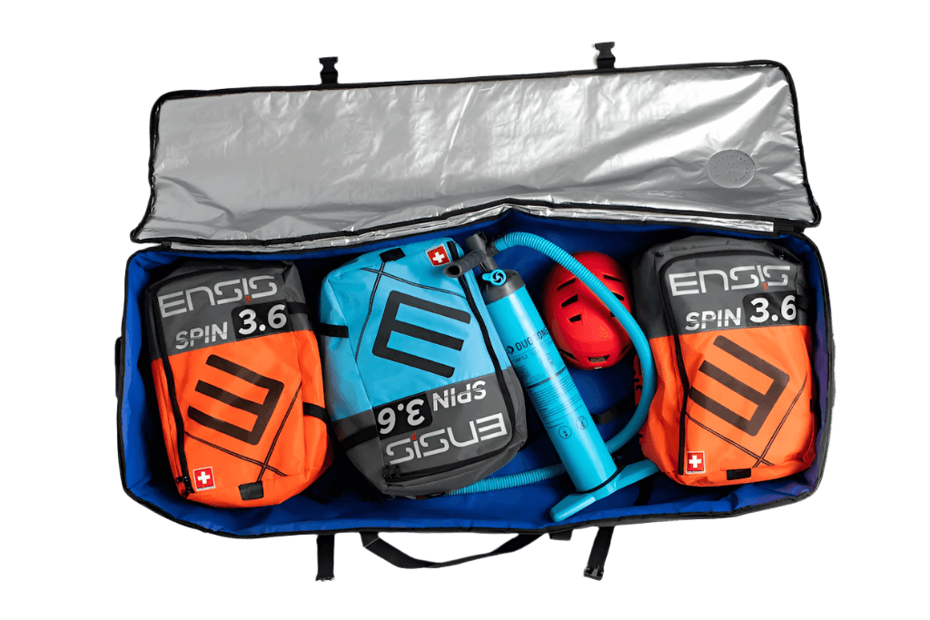 Waterproof wing foiling gear bag containing wing sets and pump, showcasing its organized design and durability.