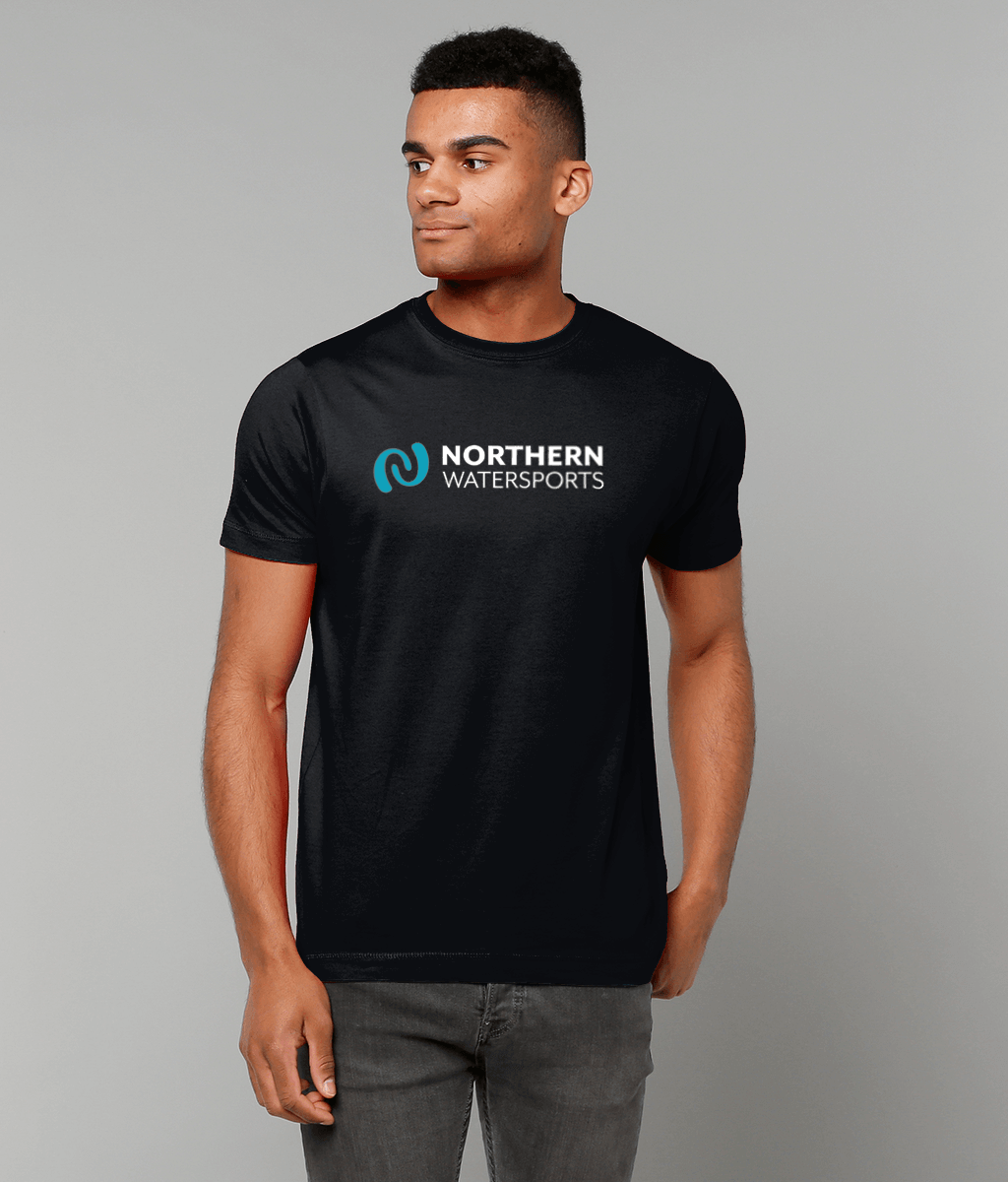 Northern Watersports Black Logo Tee – Short Sleeve worn by a model, showcasing its clean design and comfortable fit.