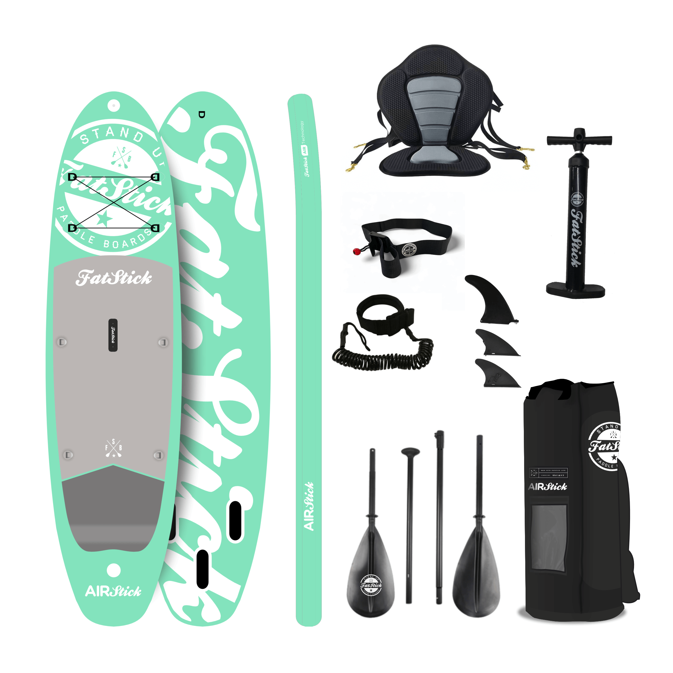 Fatstick AirStick 10'6 Inflatable SUP Package 2026 with paddle, pump, accessories, and bag.