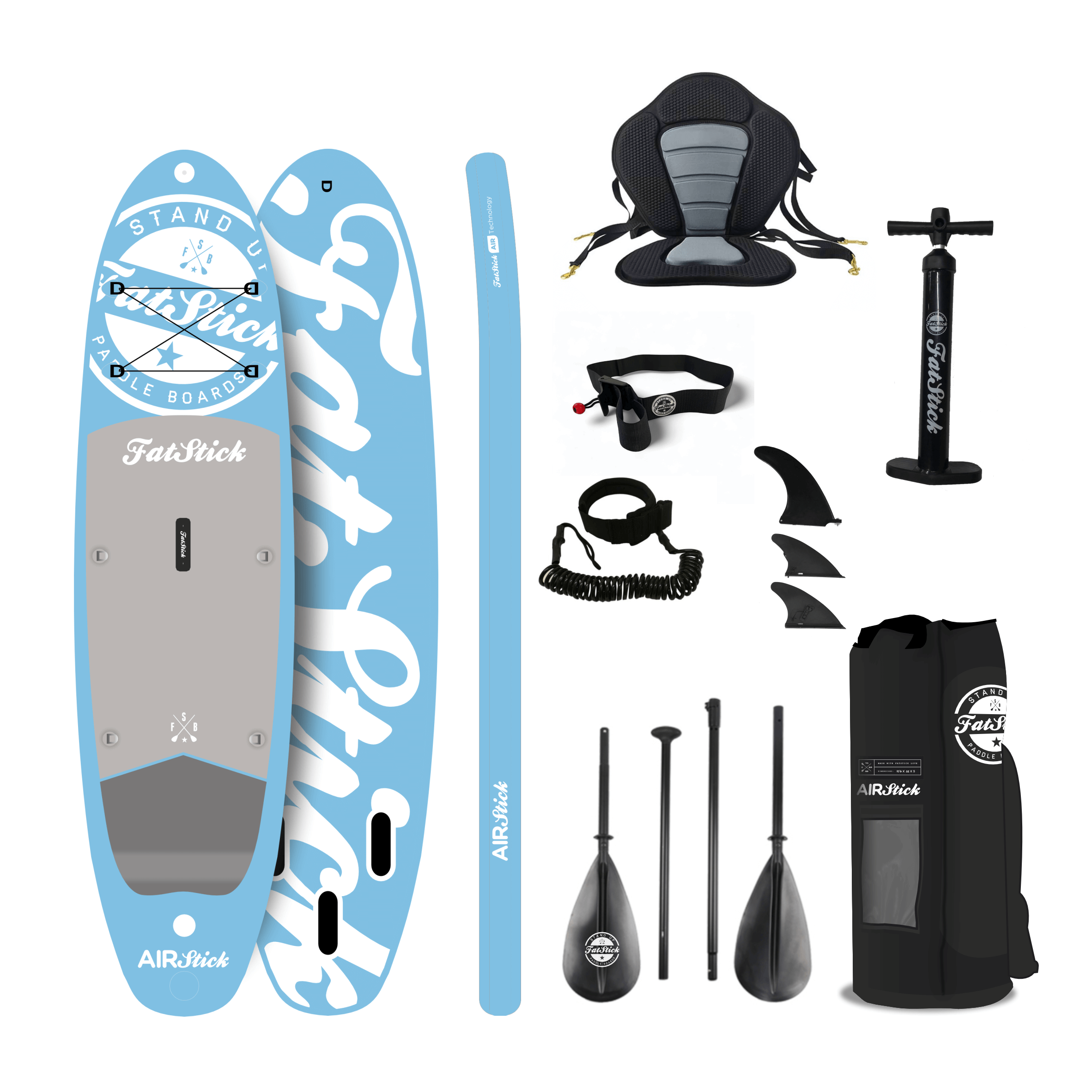 Fatstick AirStick 10'6 Inflatable SUP Package 2026 with paddle, pump, and accessories
