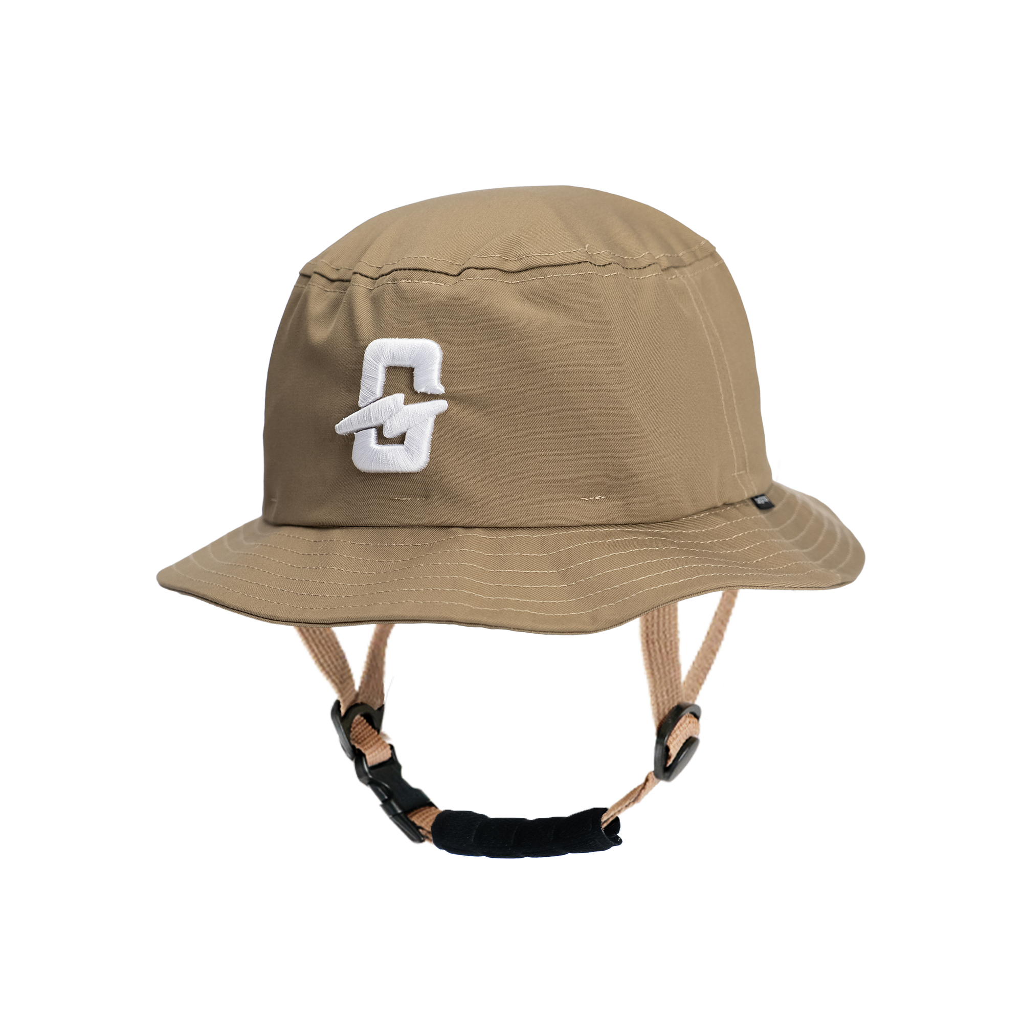 Brown bucket hat with logo, designed for outdoor activities and style.