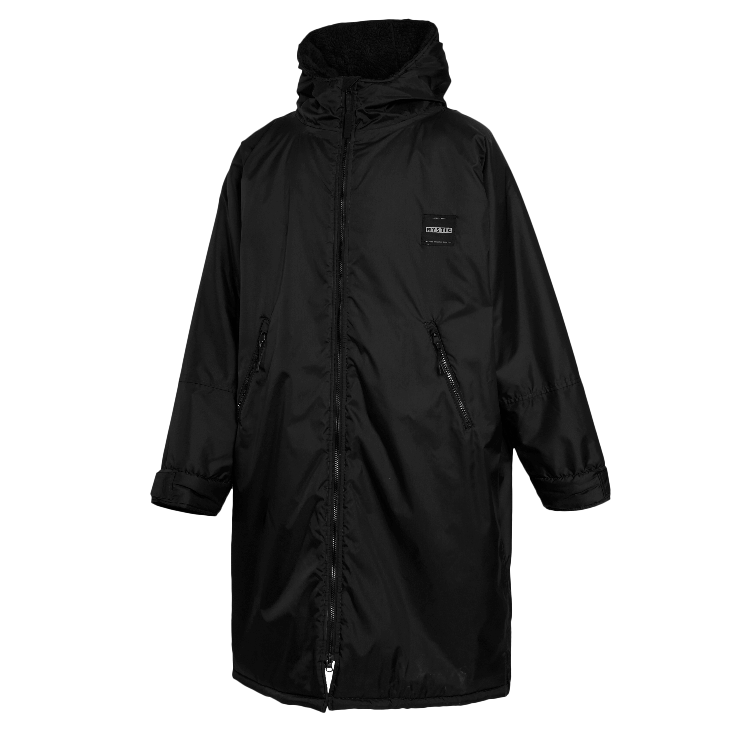 Mystic Poncho Explore – Waterproof Changing Robe 2026 in black, featuring a hood and warm fleece lining.
