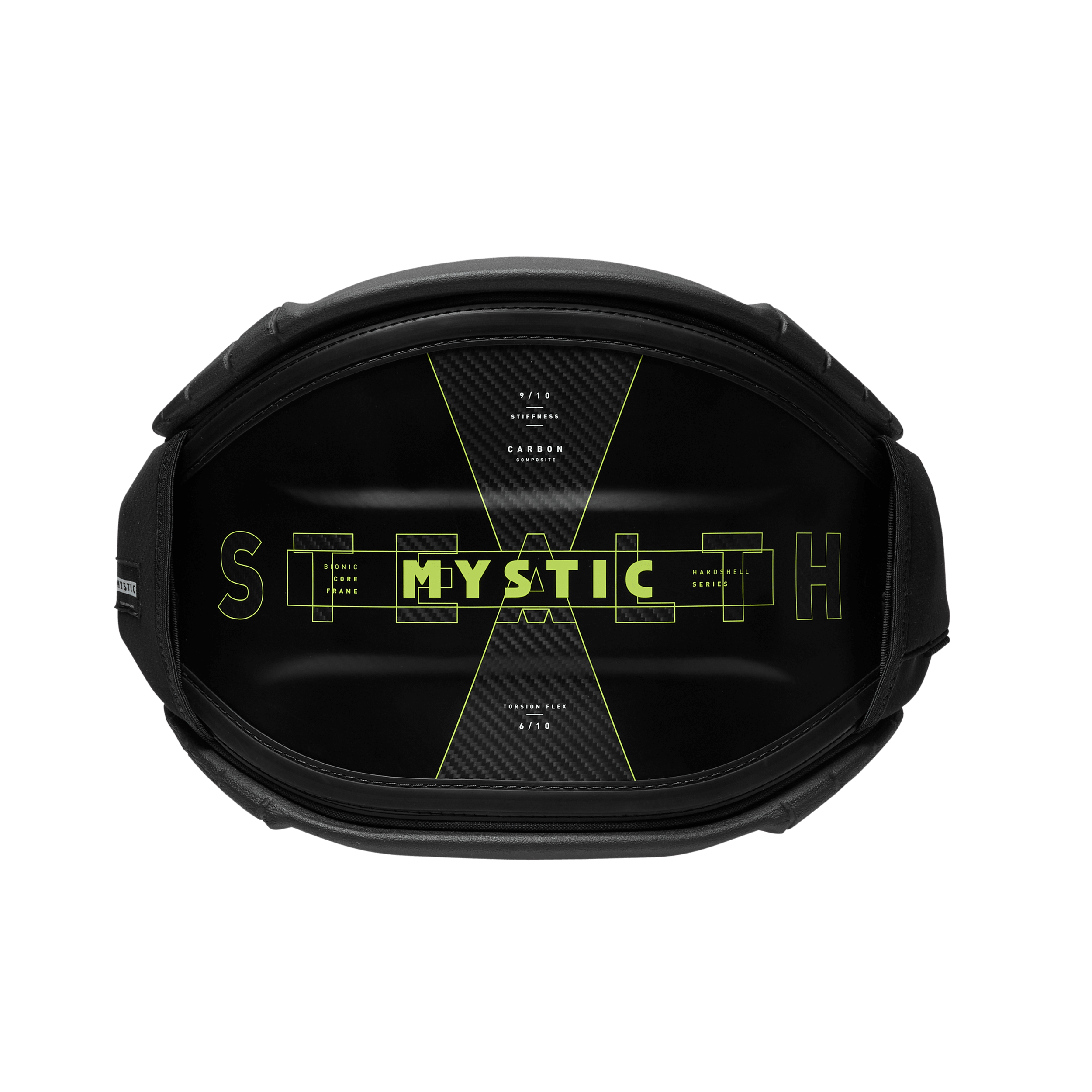 Top view of Mystic Stealth Waist Harness - 2026 showcasing its design and carbon composite shell.