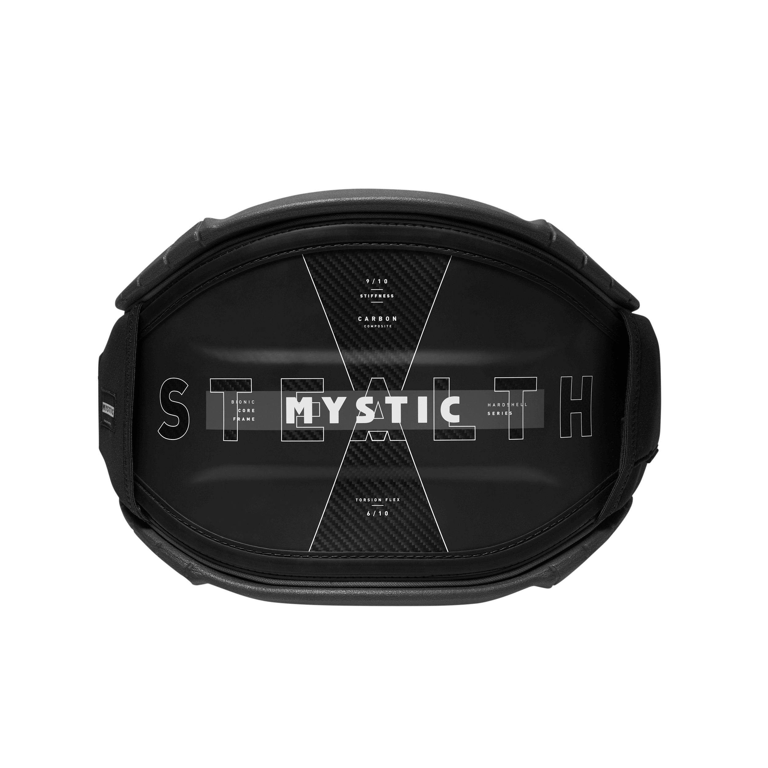 Mystic Stealth Waist Harness - 2026 top view showing carbon composite design and Fly Mold Drytech padding.