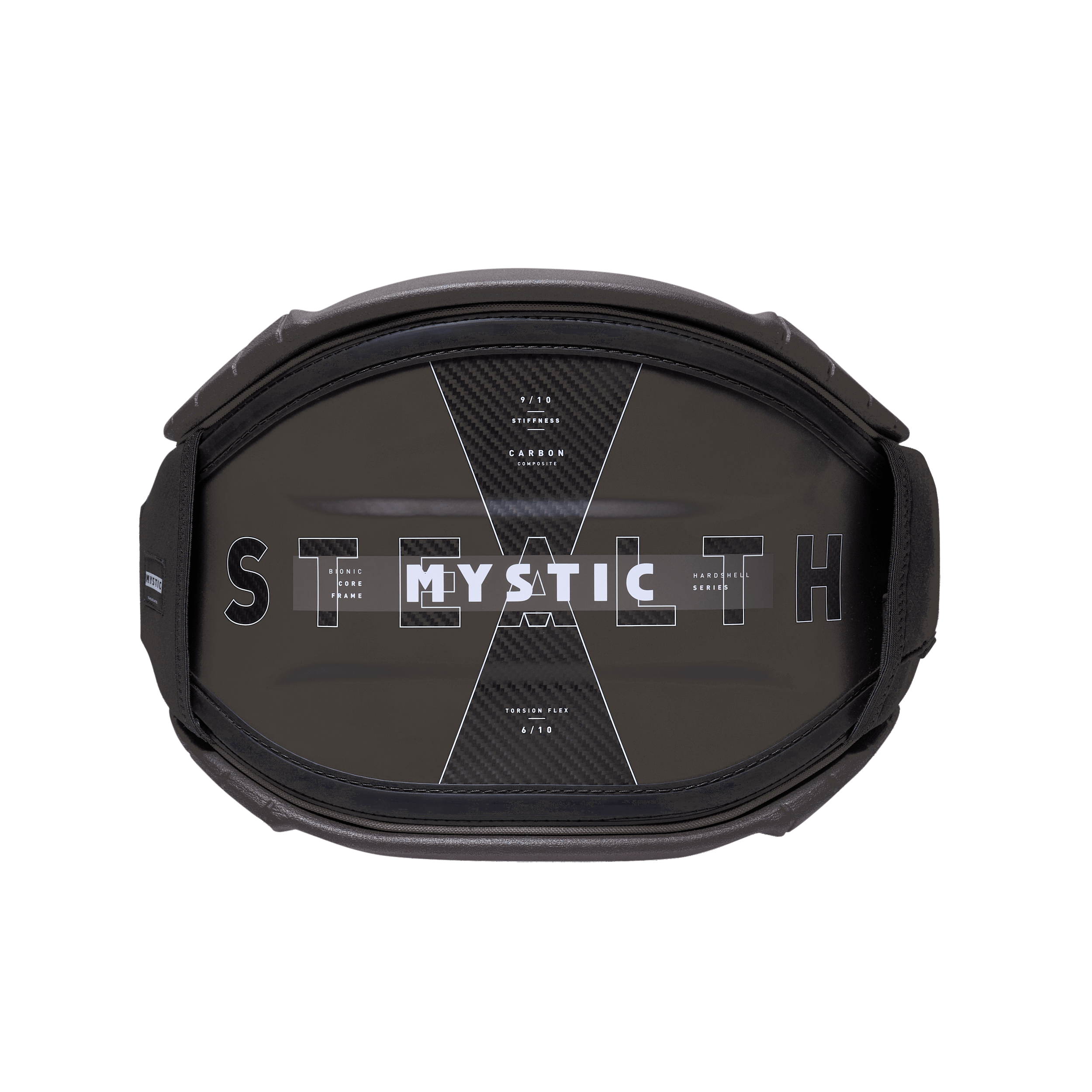Mystic Stealth Waist Harness - 2026, top view showcasing the carbon composite design and sleek aesthetics.