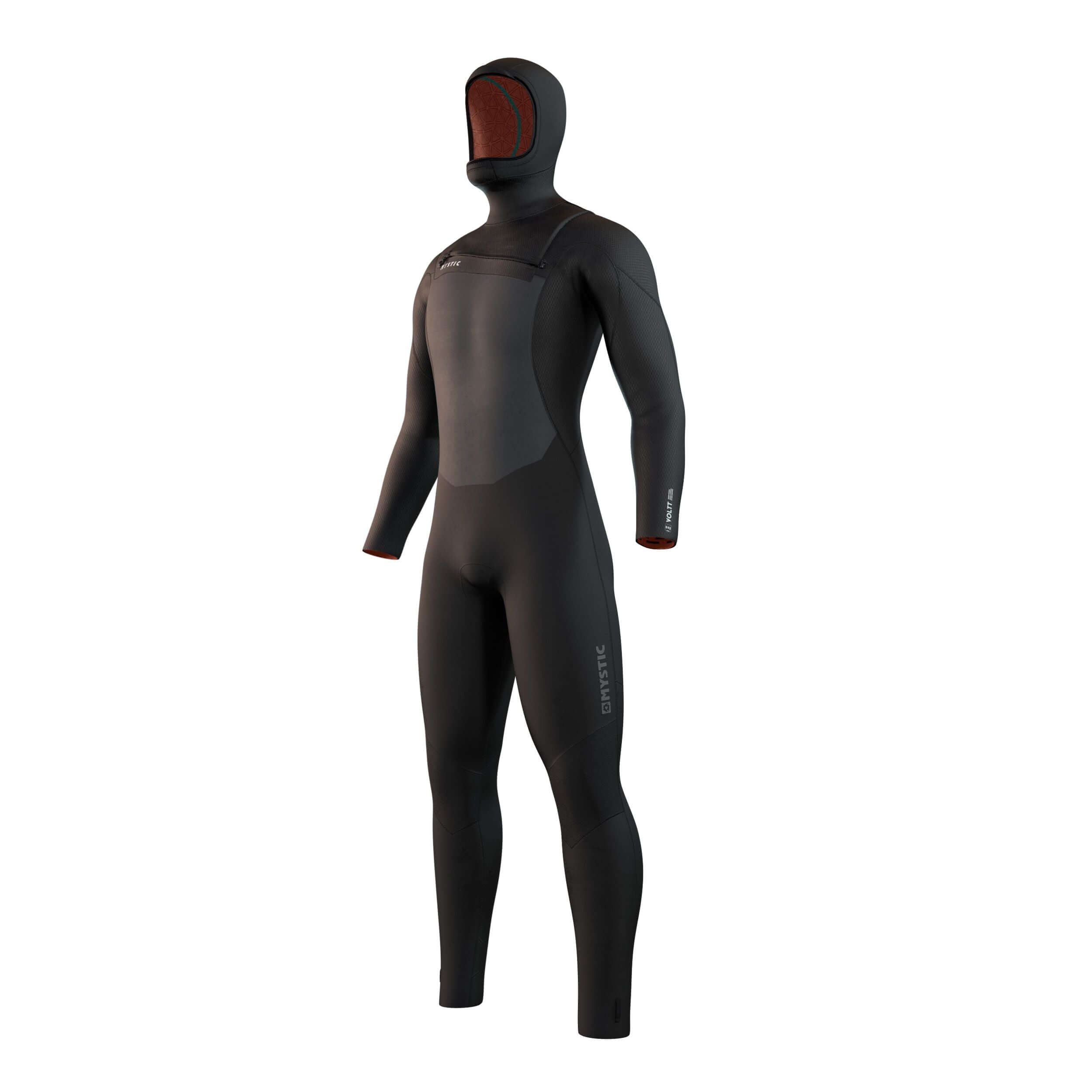 Mystic Voltt Hooded 6/4/3 mm Front Zip – Black – 2026 wetsuit with integrated hood displayed standing upright.