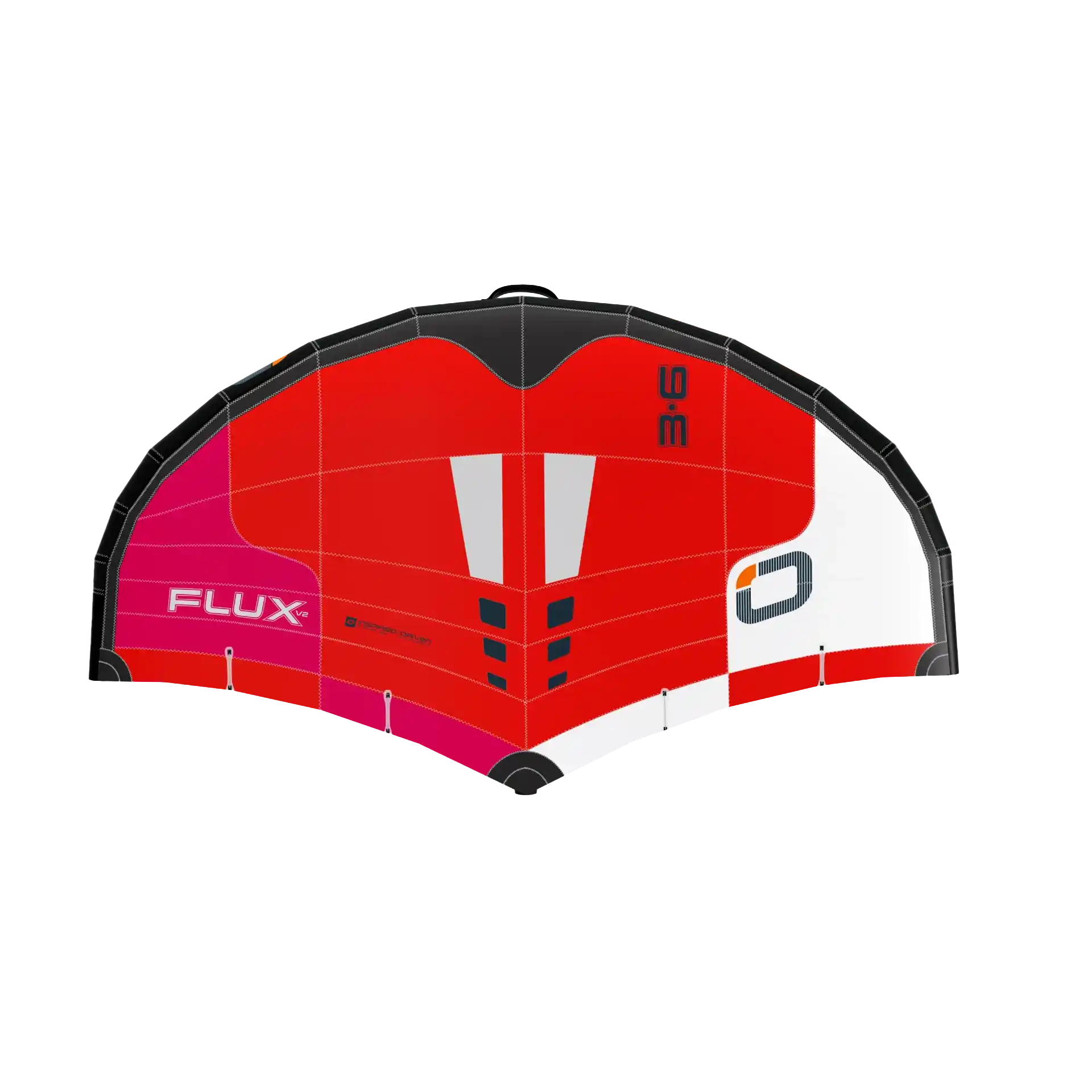 Ozone Flux V2 – Freeride Power, Pure Control kite featuring vibrant red and pink design for enhanced performance.