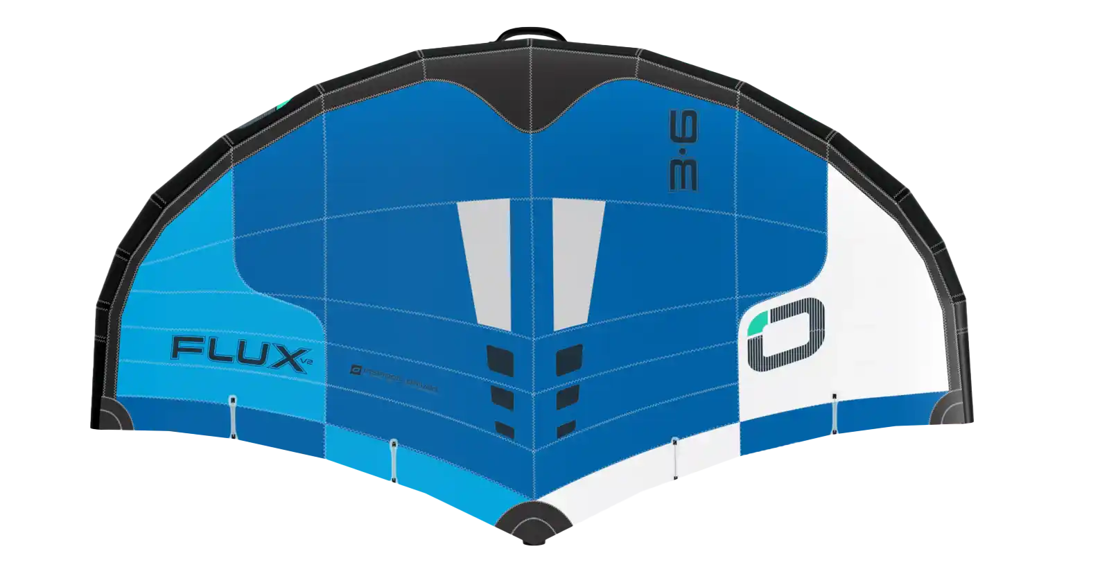 Ozone Flux V2 – Freeride Power, Pure Control kite view in blue and white design for high-speed performance