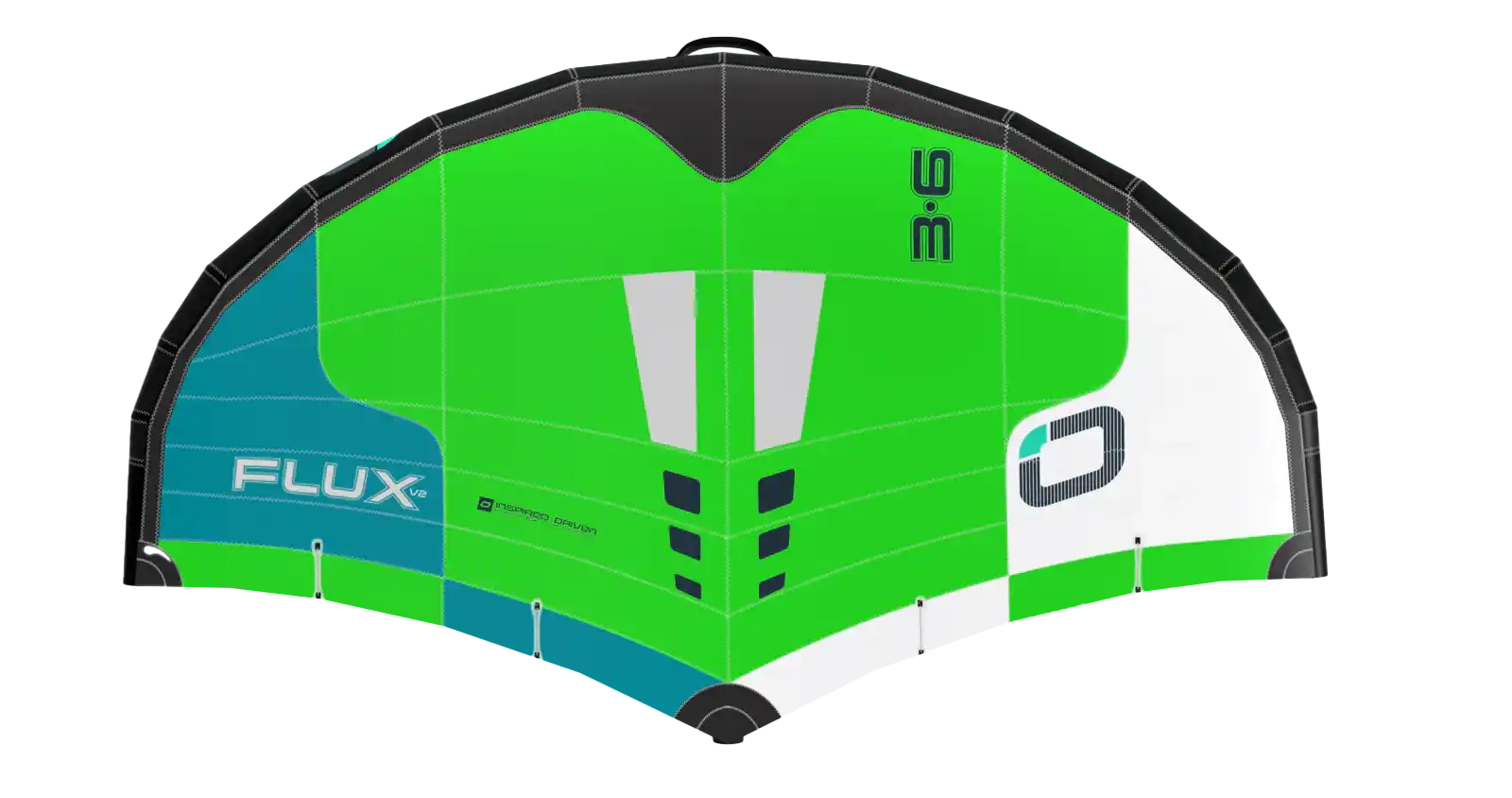 Ozone Flux V2 – Freeride Power, Pure Control kite with green and blue design for high-speed freeriding.