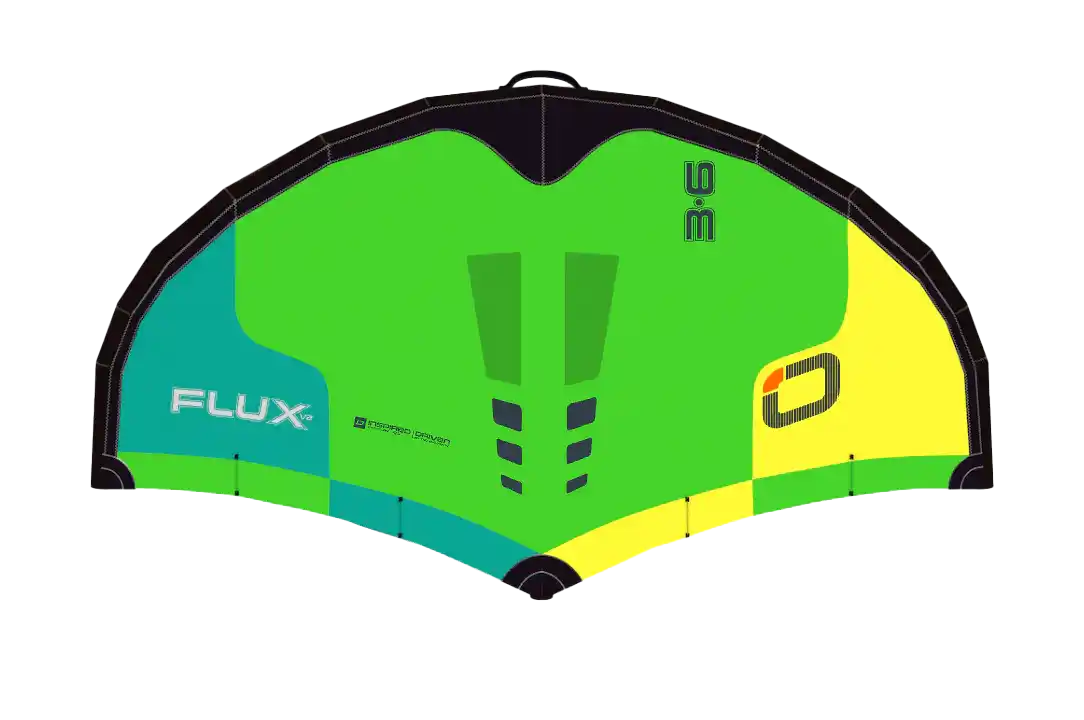 Ozone Flux V2 – Freeride Power, Pure Control kite showcasing vibrant green and yellow design.