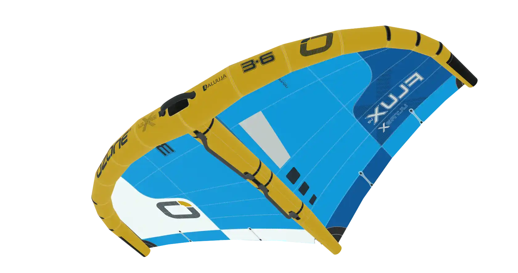 Ozone Flux V2 Ultra-X – Freeride Without Limits kite showcasing vibrant blue and yellow design for high-performance freeriding.