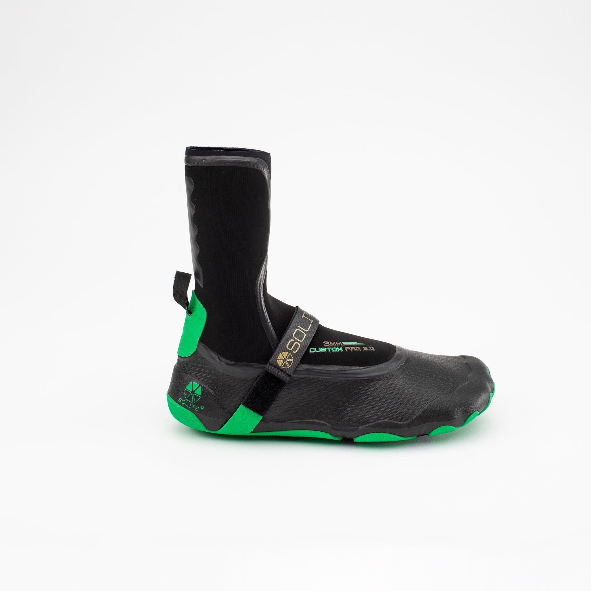 SOLITE - 3mm Custom Pro 2.0 Watersport Boots side view with black and green design for optimal performance.