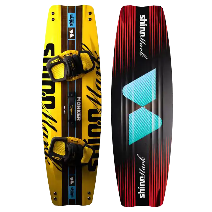 Shinn Monker Kiteboard 2025 – Smooth Control & Comfort showing front and back design, featuring vibrant yellow and red color schemes.