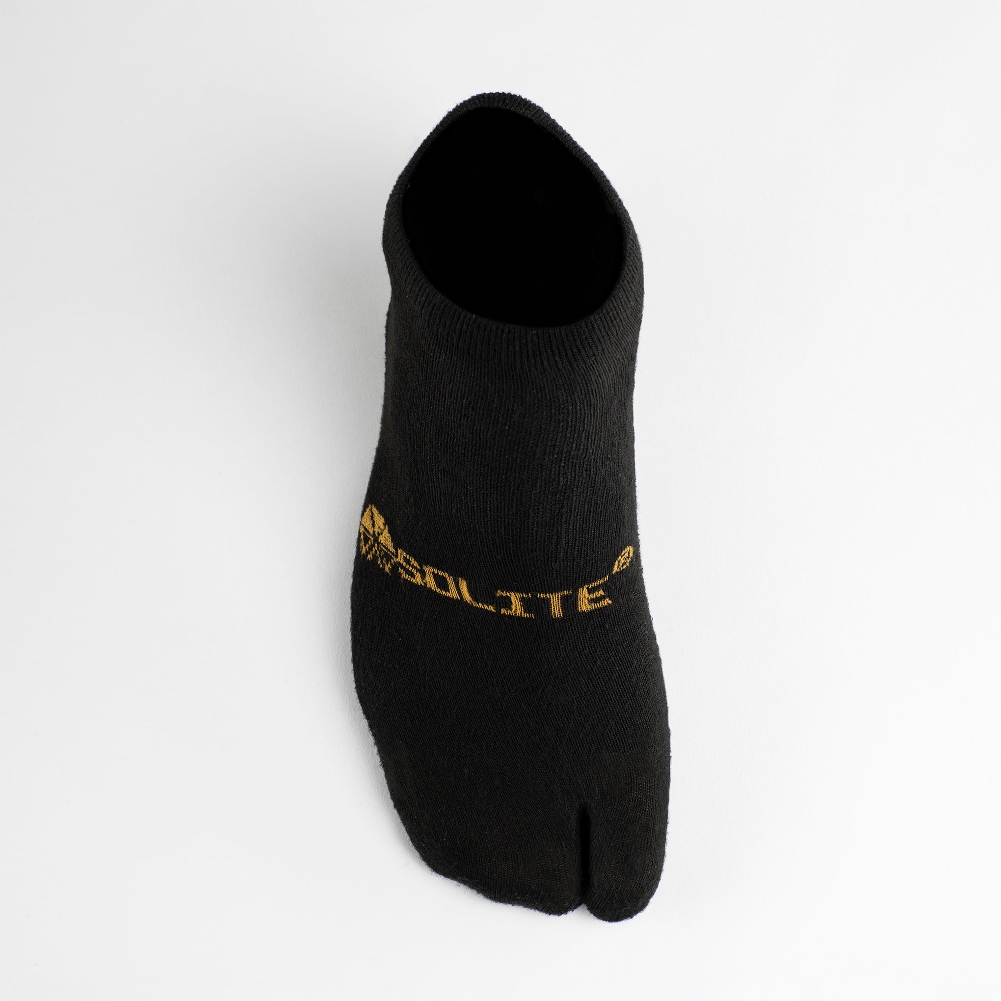Knit Split-Toe Heat Booster Socks black split-toe design with Solite branding on the side.