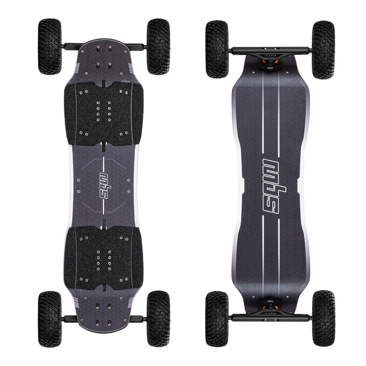 MBS AGENT EXPLORER Mountain Board | Freeride & Electric-Ready - Top and bottom view of the board with wide tyres.