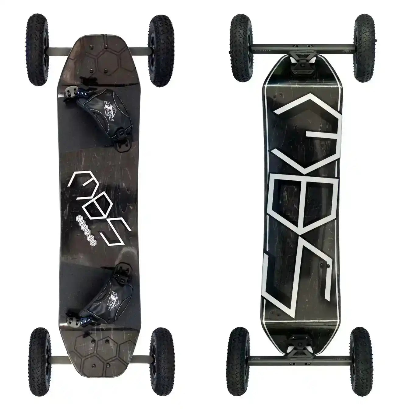 MBS Comp 95 Mountainboard showing both top and bottom views, featuring durable construction and all-terrain wheels.