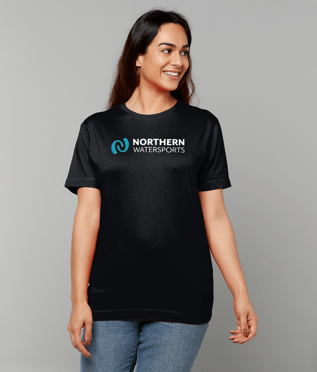 Northern Watersports Black Logo Tee – Short Sleeve worn by a smiling woman, showcasing its comfortable fit.