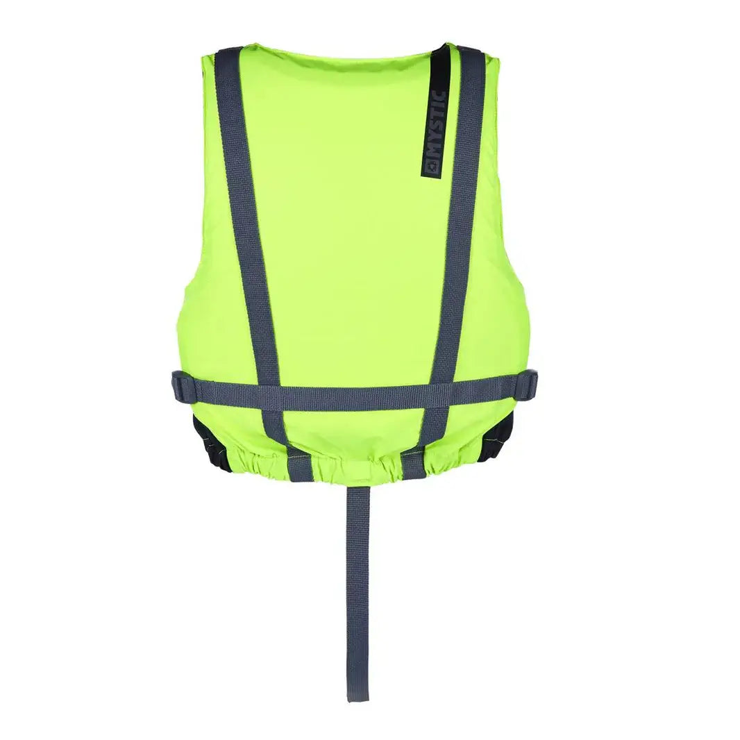 Mystic Brand Floatation Vest | Buoyancy Aid in bright lime color, showing secure adjustable straps.