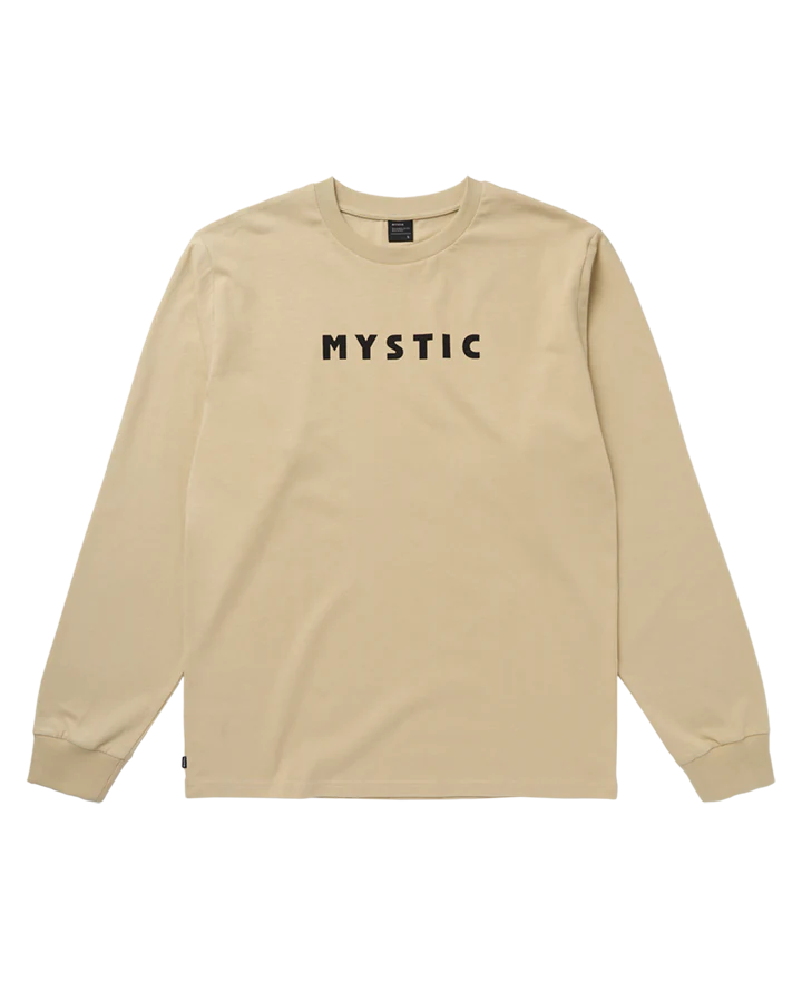 Mystic Brand Long Sleeve Tee 2026 | Mens Watersports Tee in beige color with black 'MYSTIC' logo.