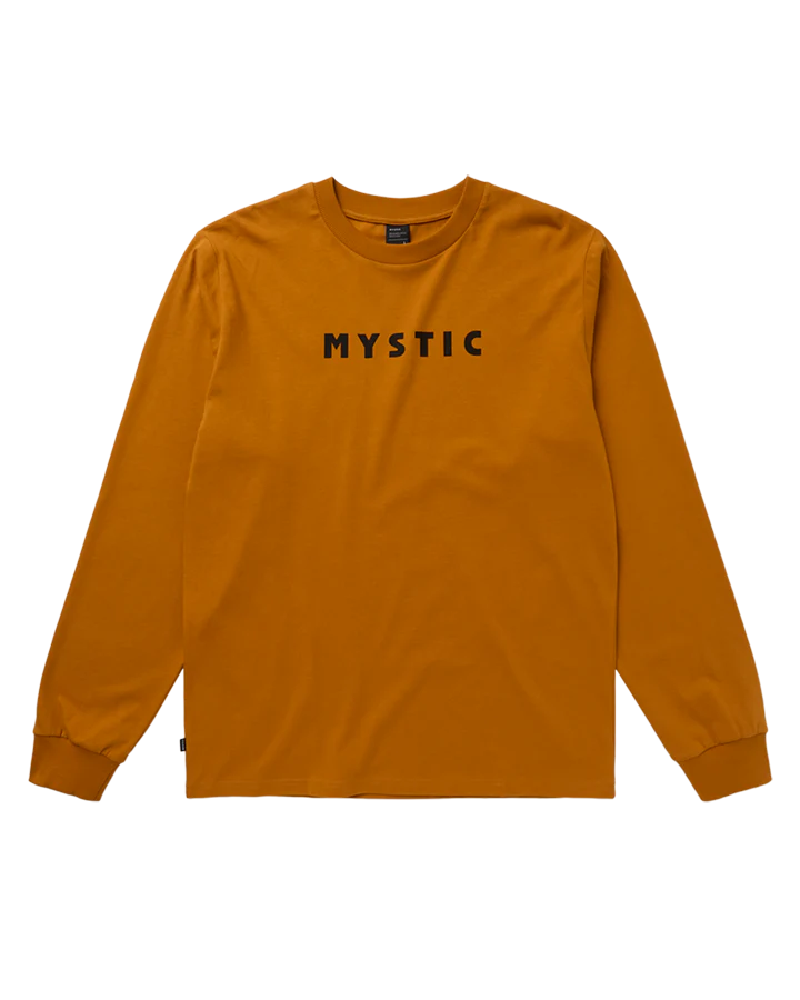Mystic Brand Long Sleeve Tee 2026 | Mens Watersports Tee in mustard color, featuring 'MYSTIC' text on the front.