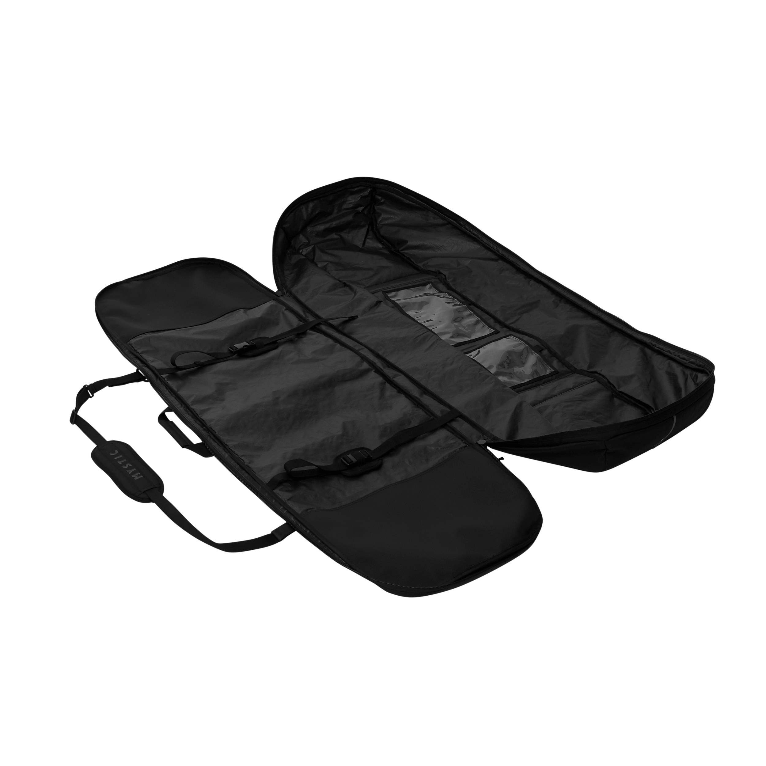 Patrol Day Cover Boots - Black - 2026 opened bag showcasing dual transparent pockets and support strap.