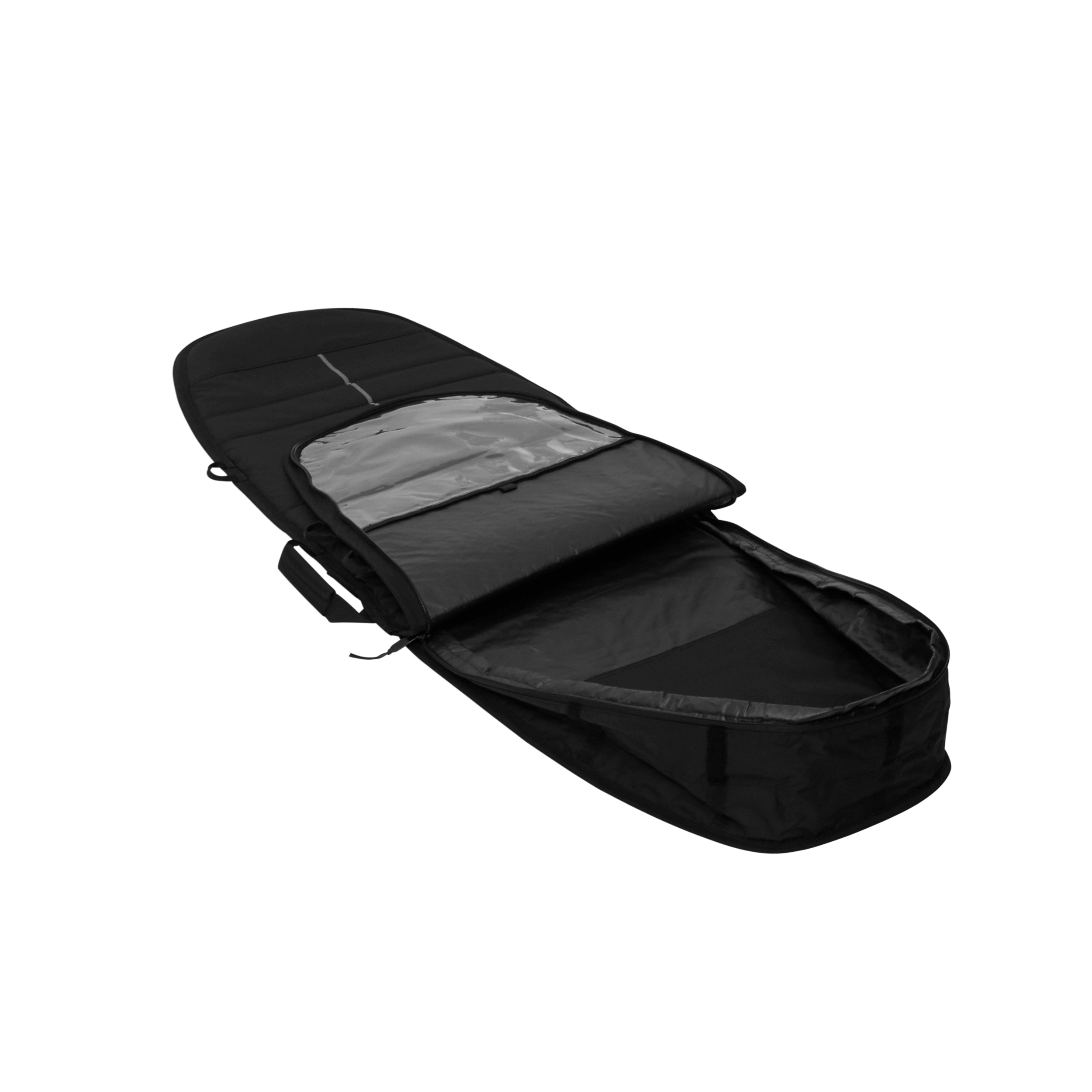 Patrol Day Cover Stubby - Black - 2026 open, showcasing dual transparent inner pockets for board storage and organization.