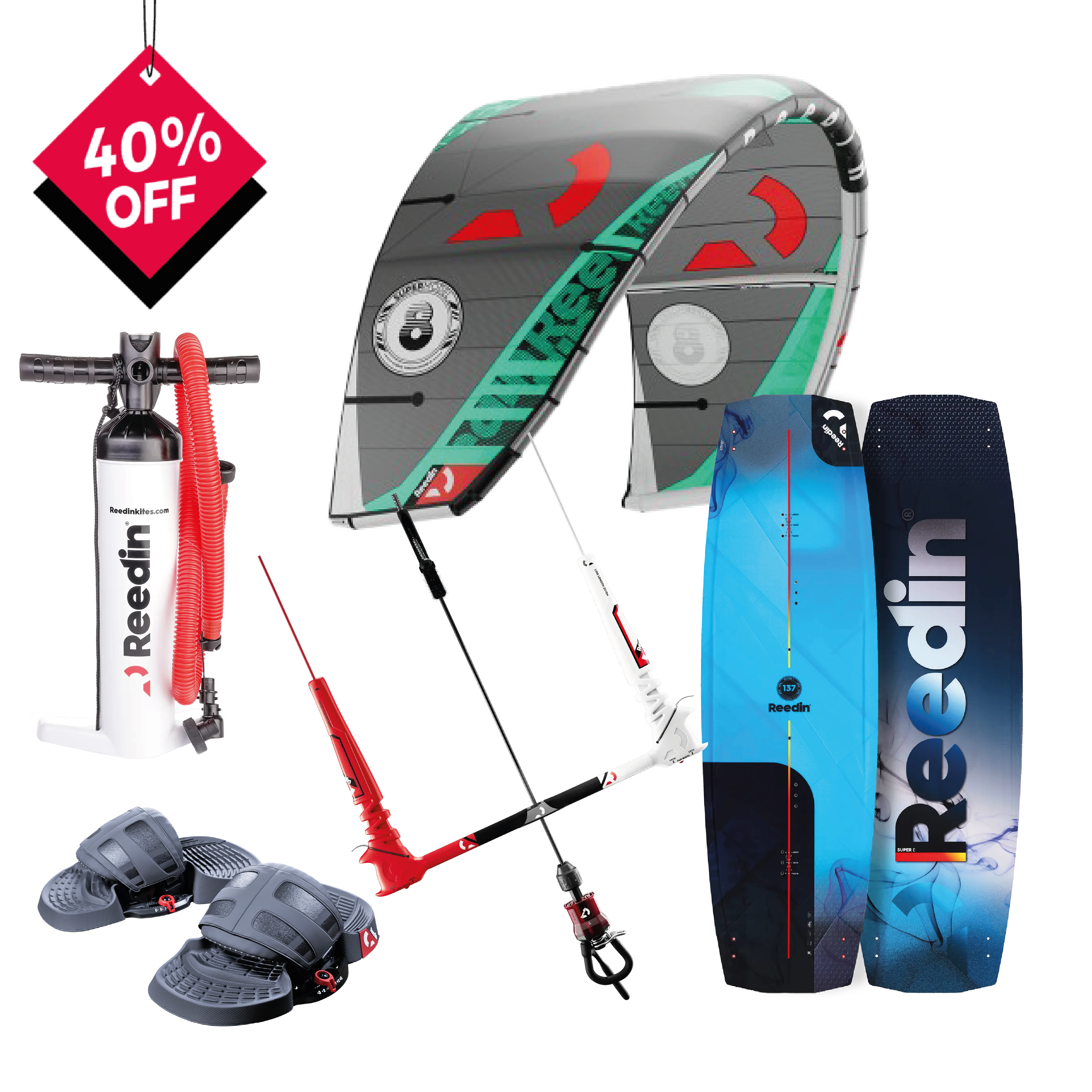 Reedin Supermodel (Grey/Mint) 2025 + Super E 2026 | Kitesurf Package with bar, board, and pump.