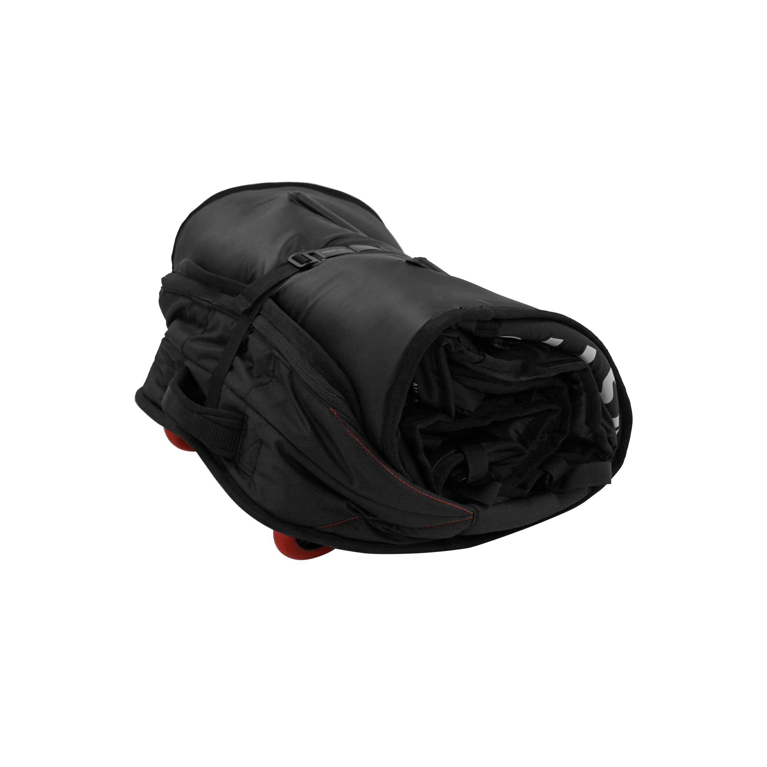 Saga Boardbag - Black - 2026 rolled up, made of water repellent fabric featuring a 3D mesh air vent.