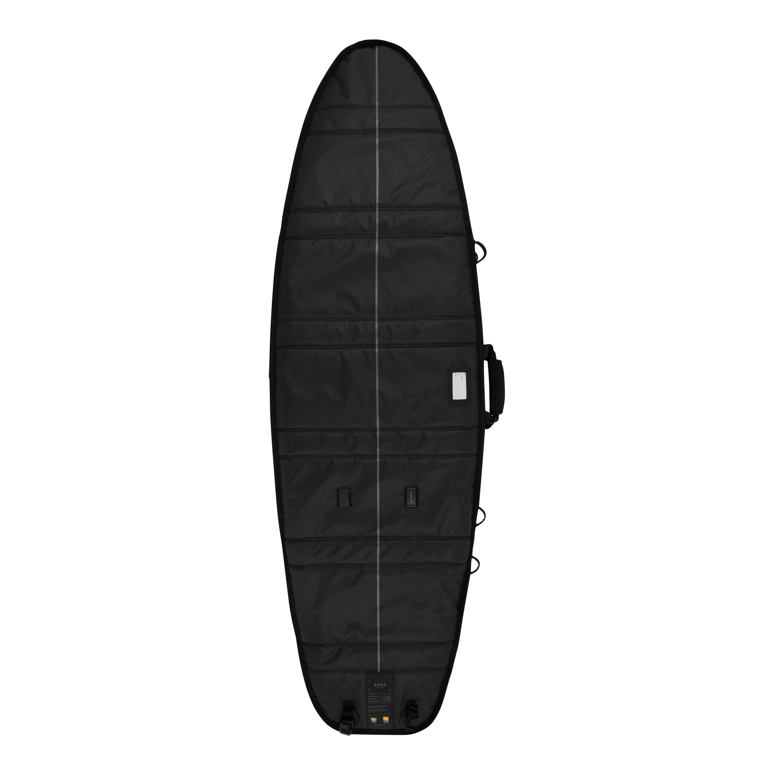Saga Surf Boardbag - Black - 2026 on a white background, showcasing its sleek design and water repellent fabric.