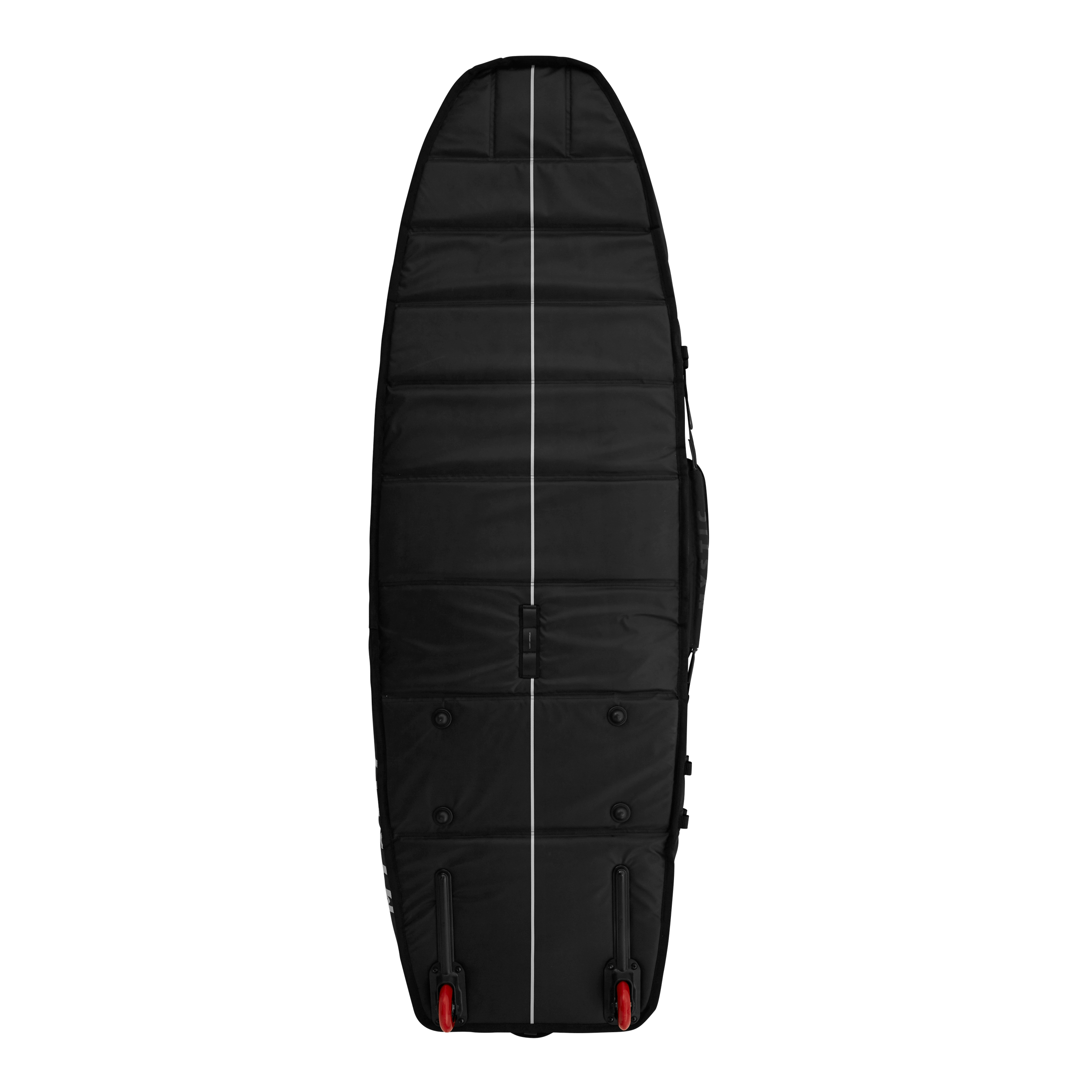 Saga Surf XL Boardbag - Black - 2026 displayed from above with impact shield panels and red wheels.