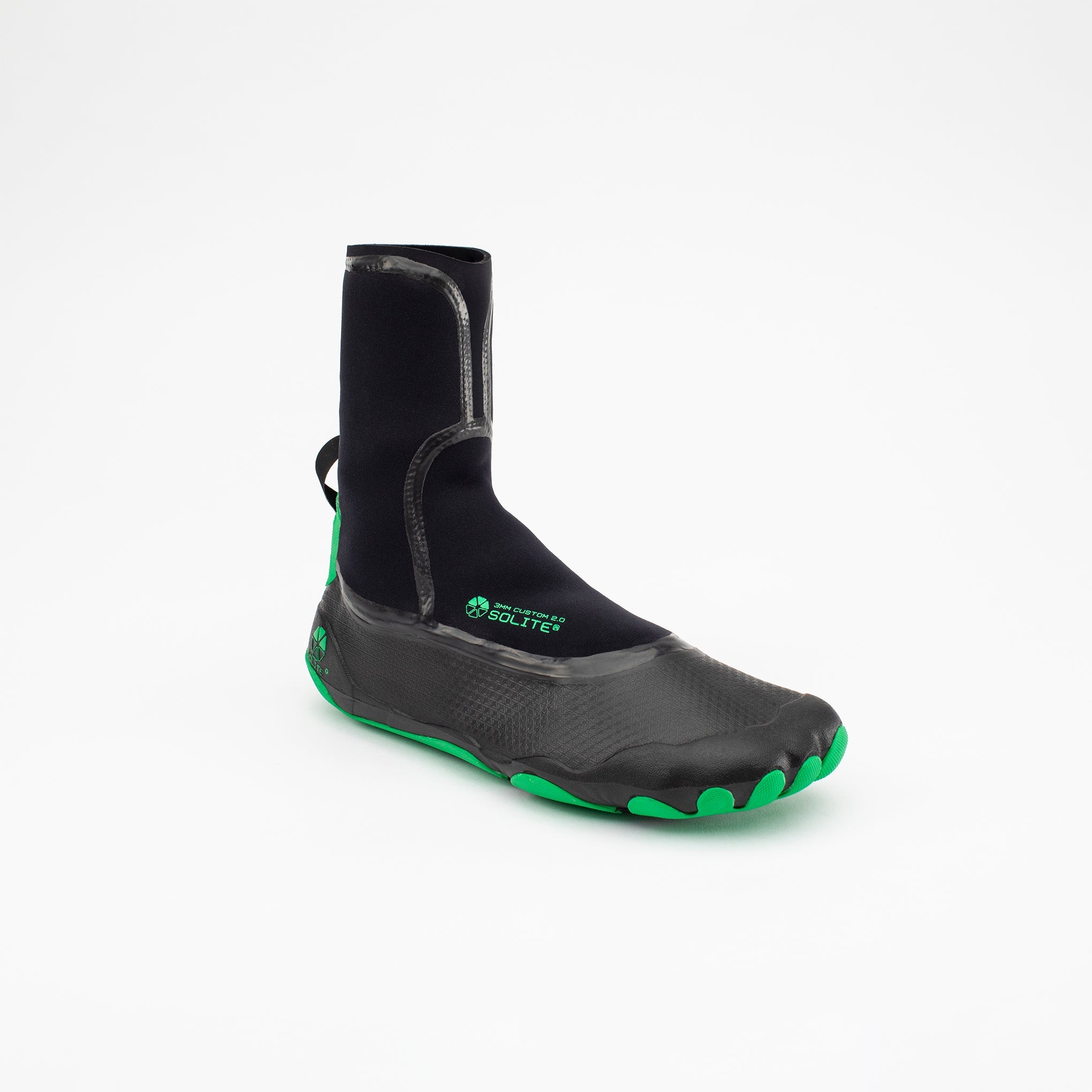 SOLITE - 3mm Custom 2.0 Watersport Boots with a sleek black design and green sole, ideal for water sports.