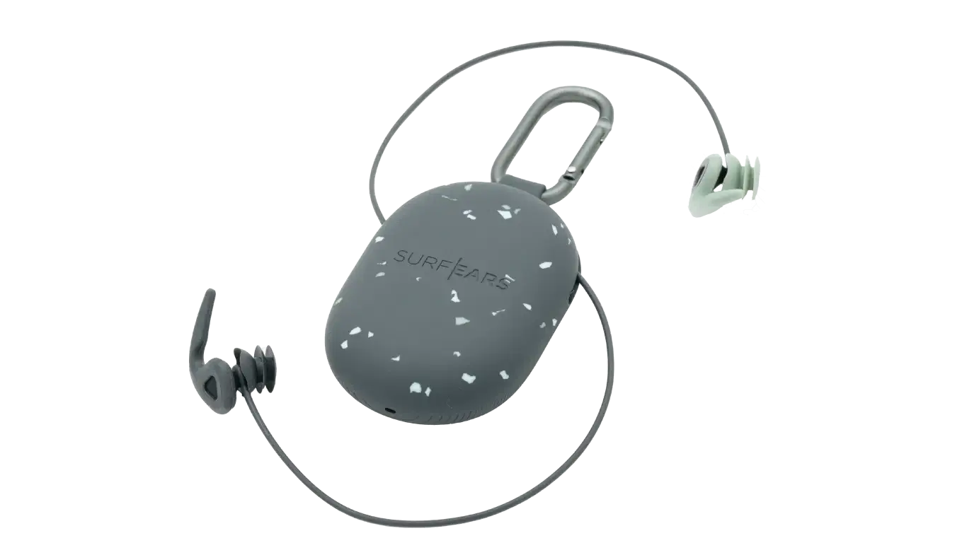 SurfEars 4.0 surf ear plugs with a carrying case, designed for surfers to hear clearly while staying protected.