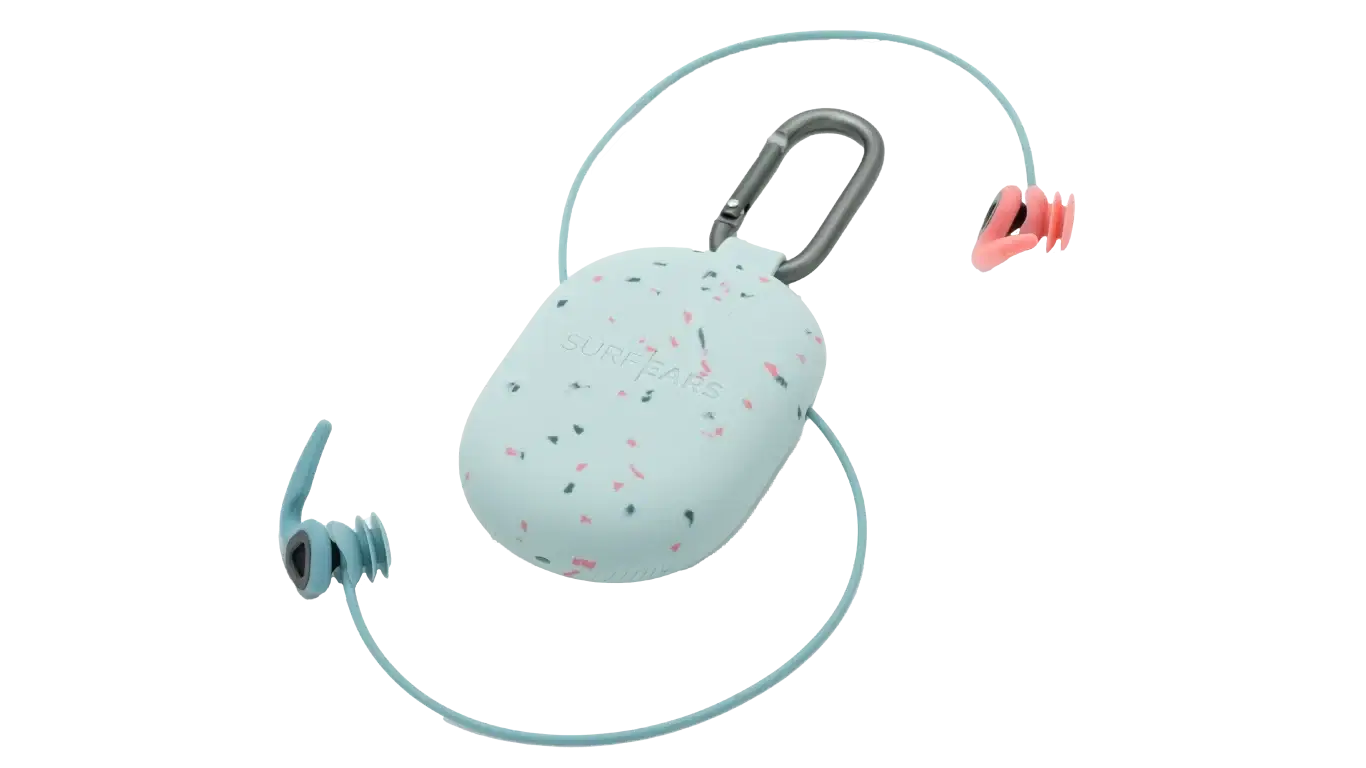 SurfEars 4.0 Surf Ear Plugs in a colorful case with a carabiner, ideal for surfers seeking protection and clarity.