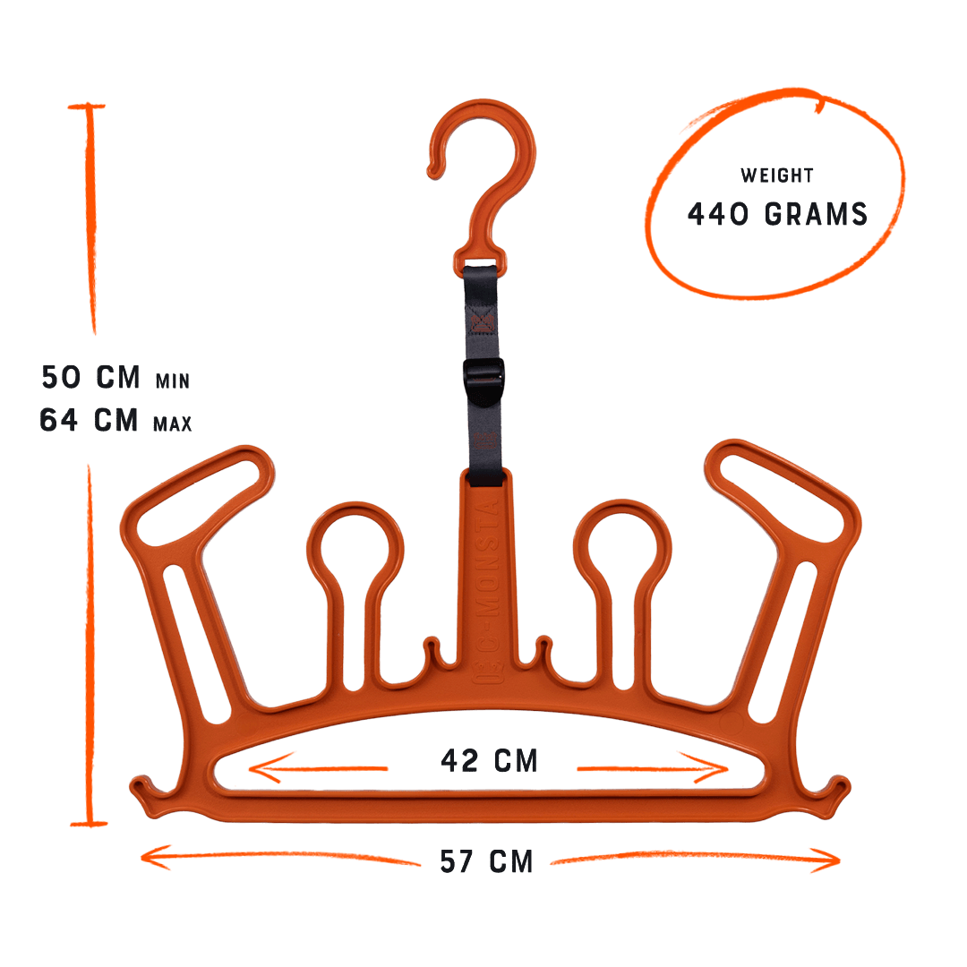 C-MONSTA Essentials | Wetsuit Hanger V2 dimensions and weight specifications in orange color, perfect for drying wetsuits.