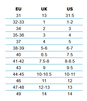 Size chart of mystic boots