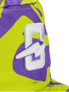 Colorful design of a bucket hat featuring a white logo on a patterned background.